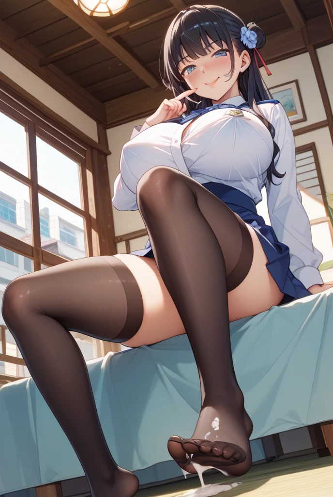 A woman wearing Japanese school clothes, black tights and white sneakers 