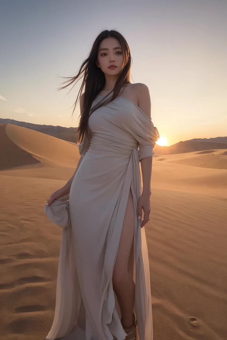 (photorealistic:1.4),Realistic, high quality, Photo, cinematic, still from the film,(sharp focus:1.2)1 beautiful Korean girl, 20 years, Beautiful face, Wavy hair, (large natural breasts:1.2), lush lips, in a white long dress with an open neckline, (outdoor,walking by the Egyptian desert, a lot of sand, her hair flutters in the wind, only sand, overcast, moody lighting, evening)