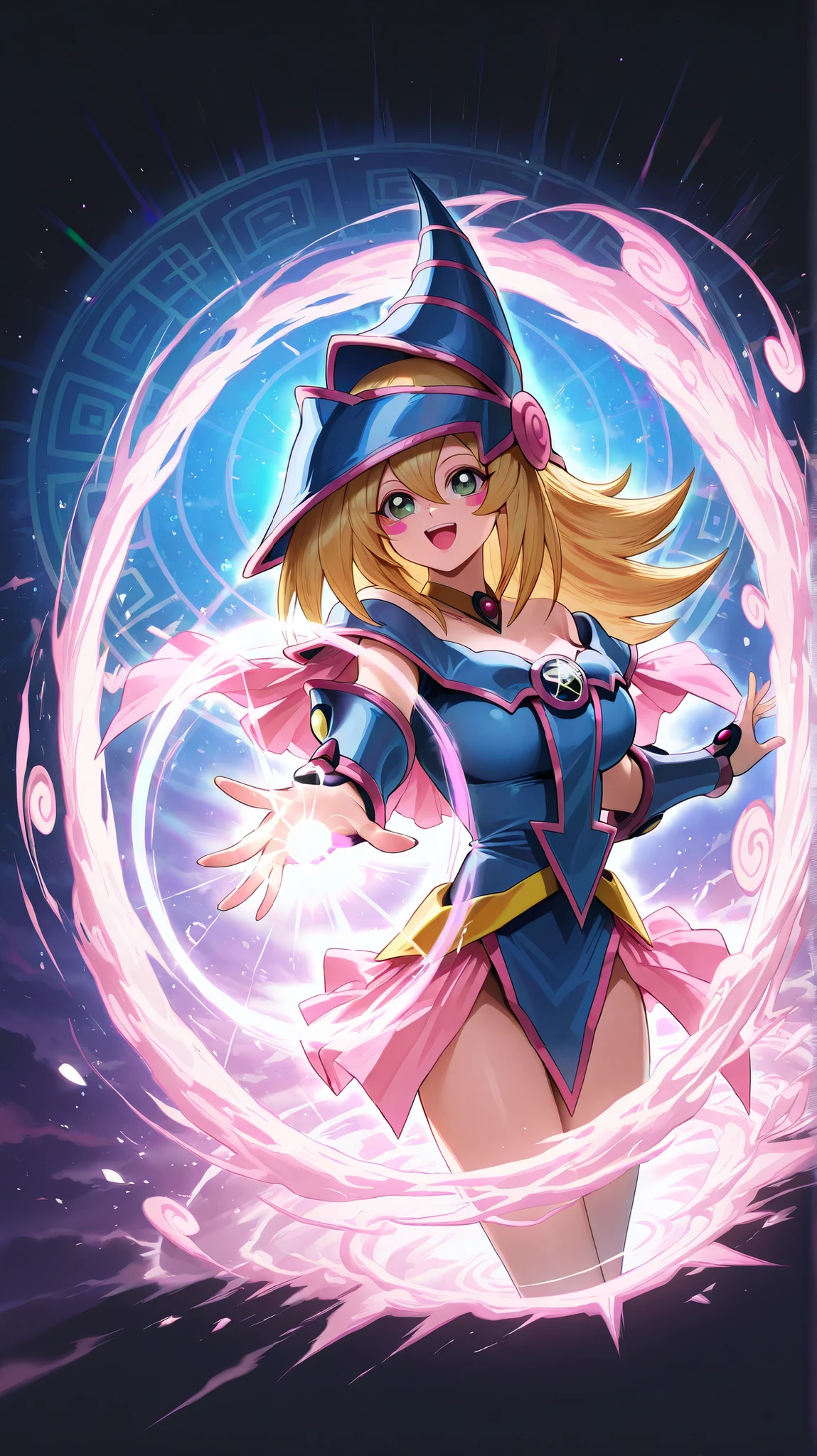 Score_9,Score_8_up,Score_7_up,illustration yu gi oh, dark magician girl, highest quality,detailed,(1 beautiful black magician girl),happy, beautiful face, magic background