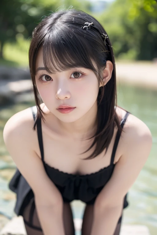 (realistic, photo realistic:1.37), incredibly absurd, (Extremely detailed:1.3), 16k, (masterpiece), (highest quality:1.4), (ultra high resolution:1.2), 1 nogizaka girl, So cute, (bishojo:1.35), (15 years:1.4), ((alice and the pirate fashion)), detailed beautiful dress, blue rose hair accessories, Highly detailed beautiful face、eye、skin, dense black shiny hair, whole body, perfect anatomy, smile at the camera, professional lighting, Petit Trianon garden and farmhouse, View of the village and lake, super detailed background,(all naked:1.1),