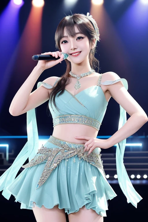 ((masterpiece、highest quality))、shape、Ultra-detailed 8K、realistic、sharp focus、very detailed、professional lighting、colorful details、detailed face、detailed expression、Euphoric look、((Precise finger drawing))、((please open your mouth))、((sweating))、((fairy costume:1.3)、super cute woman、Part of an idol group、(((dancing at a concert:1.5)))、Hair is moving、looking at camera、Spotlight、18-year-old、shine、intricate details、Shitsumeka、1 A girl is in front of the audience.、belly button、smile