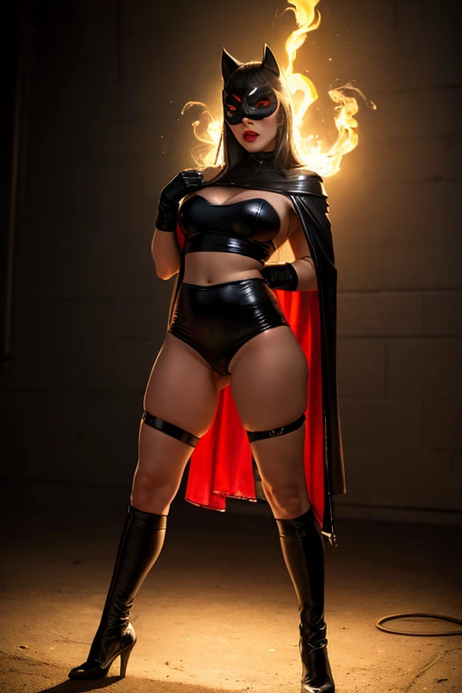 20 years old French lady, ((full body)), ((nude)), heavily armored in black with a long deep red cape, beautiful chest, standing in the battle field, with her legs spread apart, zoom in from front below