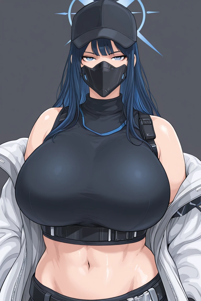 masterpiece, high quality, beautiful detailed eyes, upper body, 4k resolution, city, outside, sunny, Saori (Blue Archive), 1girl, solo, long hair, breasts, looking at viewer, bangs, blue eyes, large breasts, simple background, shirt, black hair, hat, gloves, long sleeves, navel, bare shoulders, medium breasts, jacket, open clothes, sleeveless, black gloves, belt, pants, armpits, off shoulder, stomach, crop top, black shirt, sleeveless shirt, black headwear, mask, clothes pull, black pants, white jacket, baseball cap, black belt, black face mask,