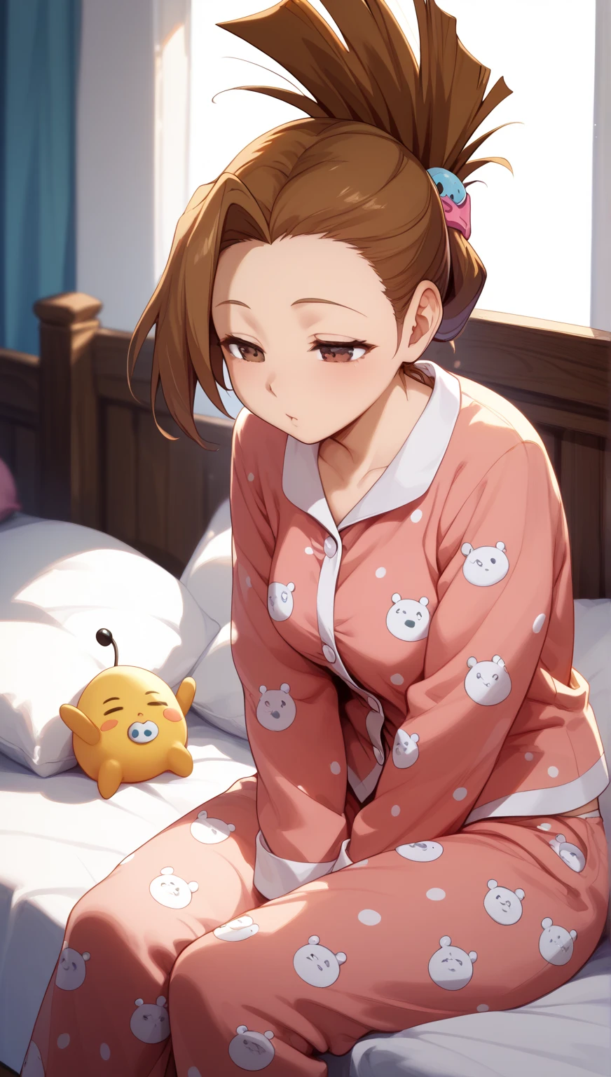 Highest quality,masterpiece,indoor,On the bed, 1girl,独奏,Lying on your back, face, face focus,Close ~ eyes,Are sleeping,yellow pajamas,Brown Hair, short hair, ponytail,Flat Chest,
