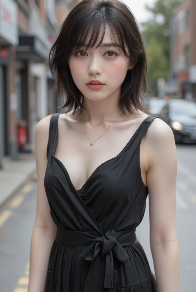 (best quality, masterpiece:1.3), (actual, photo actual:1.3), ultra high resolution, ultra high definition, Extremely detailed CG unified 8k wallpaper, (actual skin, Delicate skin), (perfect anatomy), (official art, Beautiful and beautiful), (generous smile:1.3), (seductive face:1.3), (korean woman:1.3), alone, depth of field, street,(big breasts:1.1),(cowboy shot:1.5),(revealing dress:1.3), (necklace), (naturally look at camera:1.3), (blunt bangs:1.5), (stockings)