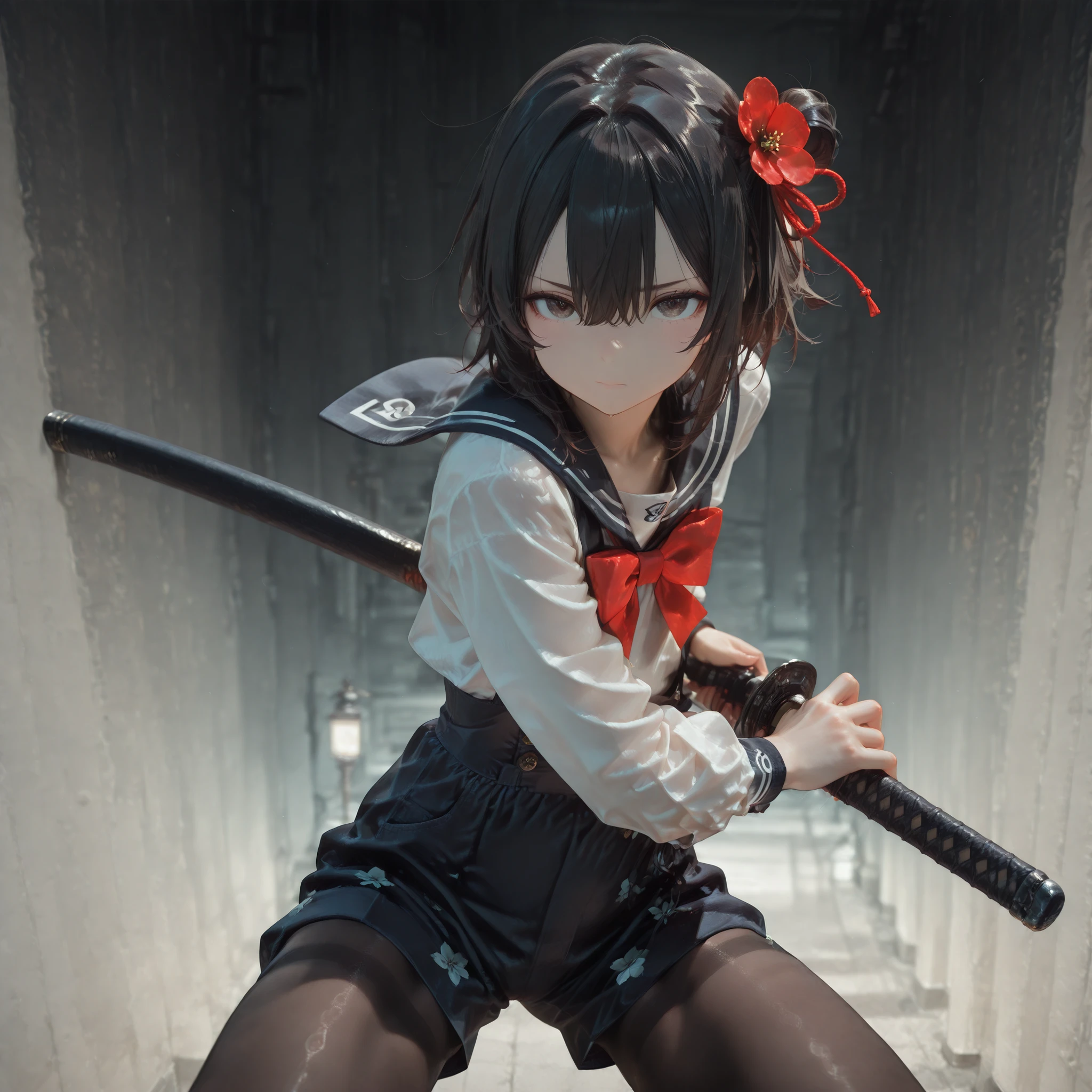 Shelley Gee, (masterpiece, top quality, high definition: 1.2), , Alone, dark brown eyes, 、lace fabric、black hair、pantyhose 、Slightly Short Bob、 135 cm 、elementary school student、cute face、Like々Funny Face、 Upward corner 、Hair Accessories、 Japanese sword、 Exquisite face、Delicate Hair、lace pattern、 Overall Bright Color 、double eyelid、big eyes 、flat chest, Floral Shorts 、The front hem、thin waist、black hair background、Black background、dark brown eyes、Long Crotch、empty space、Moving Pose 、side tail 、 Japanese sword、 long black sailor suit top、white shirt