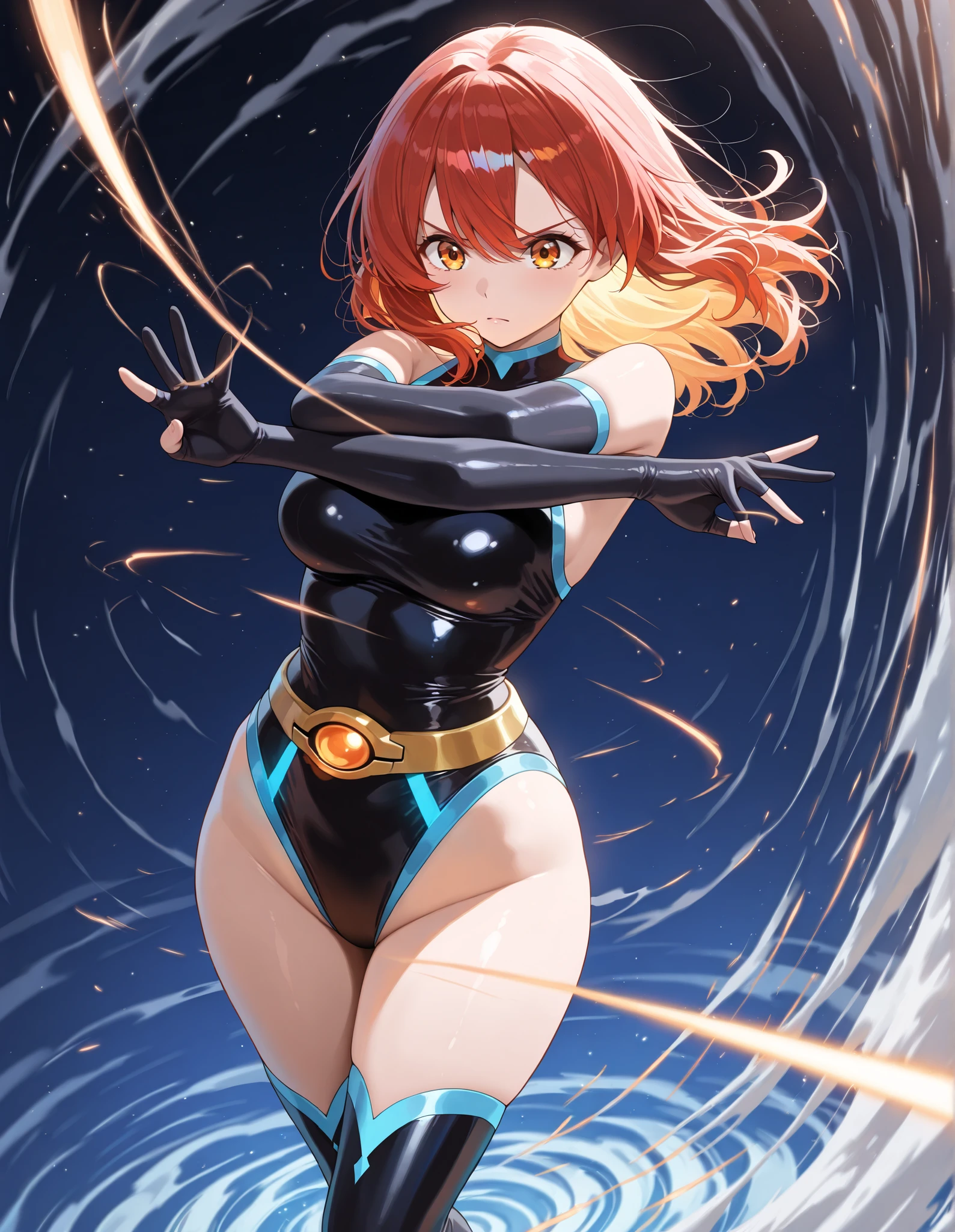 1girl, solo, masterpiece, best quality, black leotard, long sleeves, midriff, pirate costume, pirate hat, boots, body infused with electricity, lighting, particles, redhead, green eyes, blue aura, energy field, full body shot, depth of field, looking at viewer, spread arms, bare legs, medium breasts