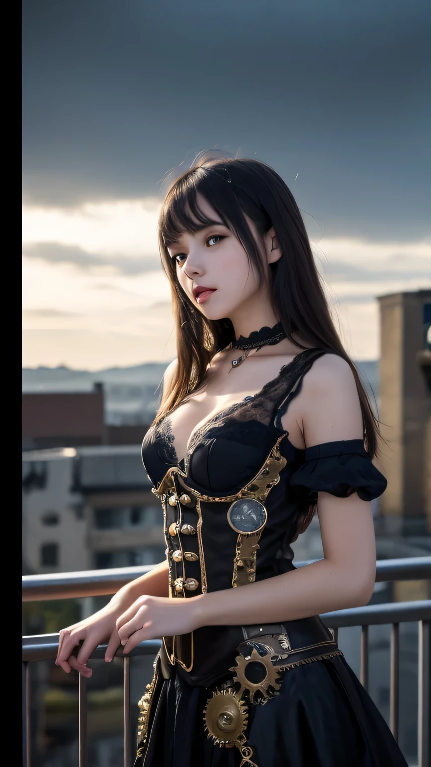 beste-Qualit、巨作、ultra-high-resolution、(photoreallistic:1.4)、Raw photo、1 girl with big、Black hair、glowy skin、1 Mechanical Girl、((hyper realistic detail))、portlate、Global Illumination、Shadow、octane rend、8K、ultrasharp、big tit、Raw skin is exposed in cleavage、Details of complex ornaments、Sumerian details、extremely intricate detail、Realistic light、CGSoation Trends、purple-eyed、radiant eyes、Facing the camera、neon details、Mechanical limbs、blood vessels connected to tubes、Mechanical vertebrae attached to the back、mechanical cervical attaching to neck、sitting on、Wires and cables connecting to the head、evangerion、Small LED lamp、The background is a steampunk city、