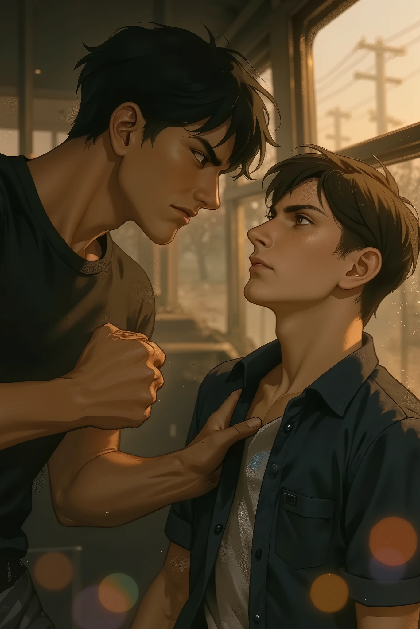 • Character Adjustments:
— Ground (Hero):
• ลบเคราออกให้ไร้ facial hair, Smooth jaw edges, looks more teenage than before (youthful jawline) ลบสายข้อมือHeroออก
– นายเอก (Frenzy):
• เสื้อเชิ้ตไม่ติดกระดุมเลย เห็นเสื้อยืดขาวข้างใน
• ไม่ใส่แว่นตา
• เพิ่ม muscle definition ช่วงบ่า–แขนให้ดูกระชับขึ้น แต่ยังไม่เท่าHero
• หน้าเชิด มองตาHeroด้วยสายตาท้าทาย (challenging eye‑contact)
• Resolve posture for confidence (shoulders back, chin up)
• Action:
— lateral punch (side punch) ตั้งฉากกับลำตัวHero กำลังจะชกชัดเจน
– นายเอกจ้องตาHeroด้วยท่าทางท้าทาย
• Effects & Lighting:
— Added bokeh effect:
• Extra large (giant bokeh) as a round spot Faint rainbow (faint rainbow bokeh) Fry only in front of the picture
• Use cool rim bokeh (purple-light blue) Alternating High Definition High Definition Clear Eyes Digital Drawing Lines Very Fine, Eyepiece, , smooth skin, max resolution,Best Quality
