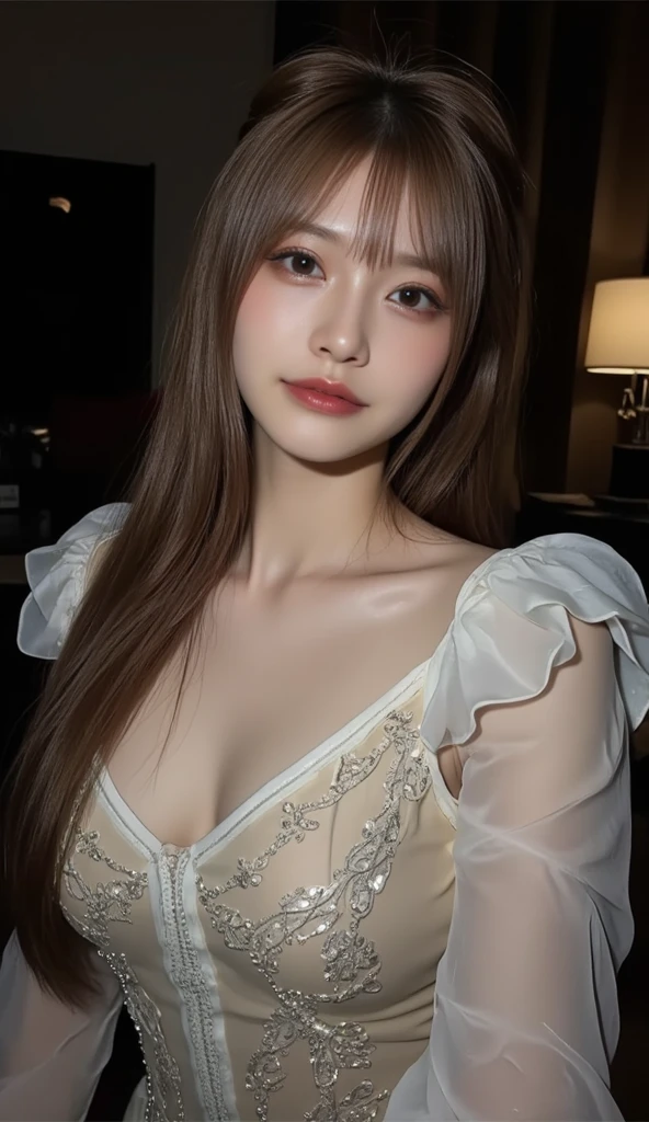 American woman, Intimate, face blush, red blushy cheeks, long wavy hair, feeling excited, beautiful thighs, in love, wearing wedding outfit with mini pleated skirt