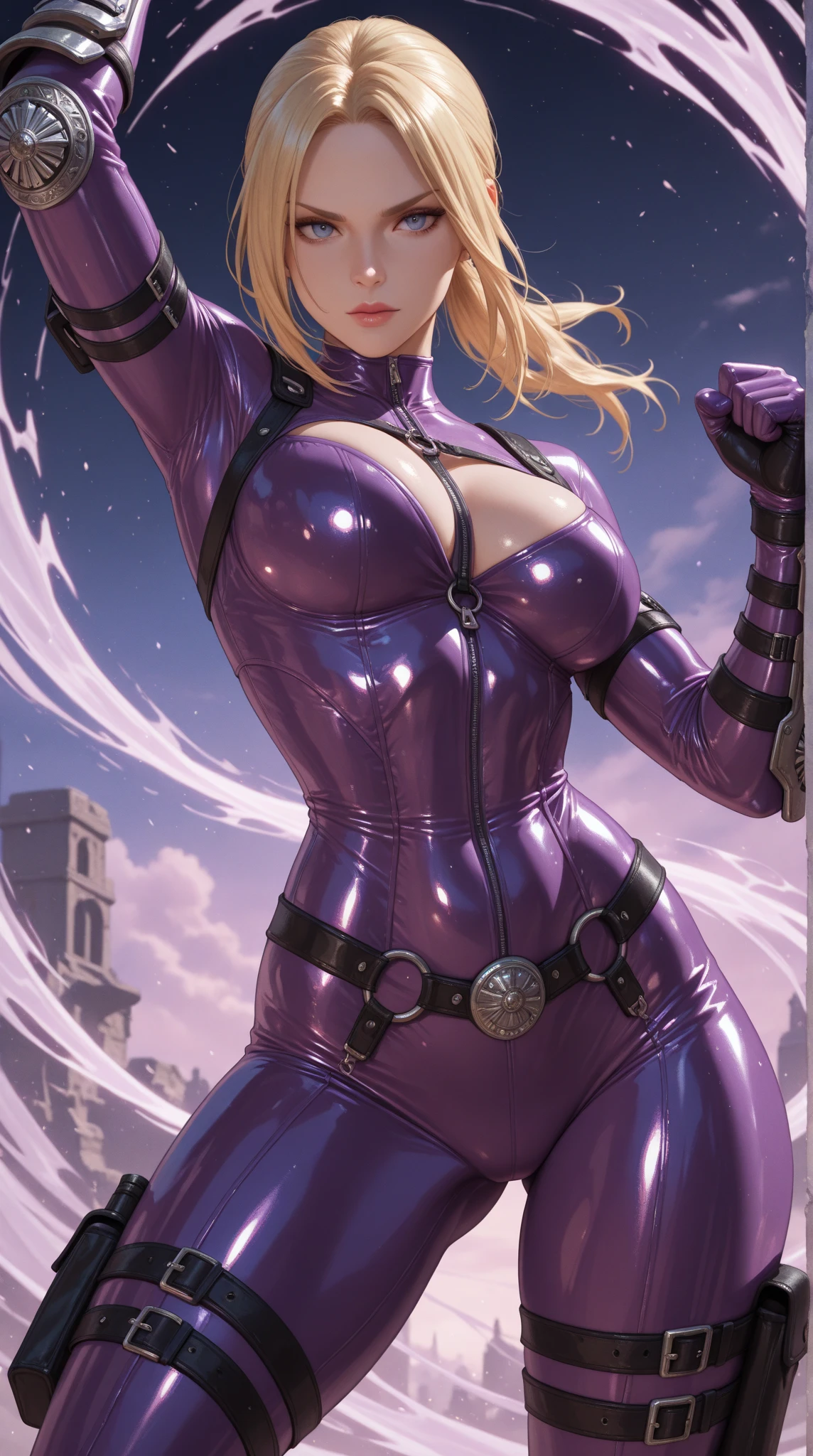 PM, (Purple Latex Suit:1), Golden Fringe Shorthair, Light brown eyes, 1girl in, 20yr old, Innocence, (Photorealsitic), (masterpiece, :1.3),(top-quality:1.4), (超A high resolution:1.2), 超A high resolution, (A detailed eye), (detailed facial features), nffsw, 8K分辨率, (lensflare:0.7),huge tit