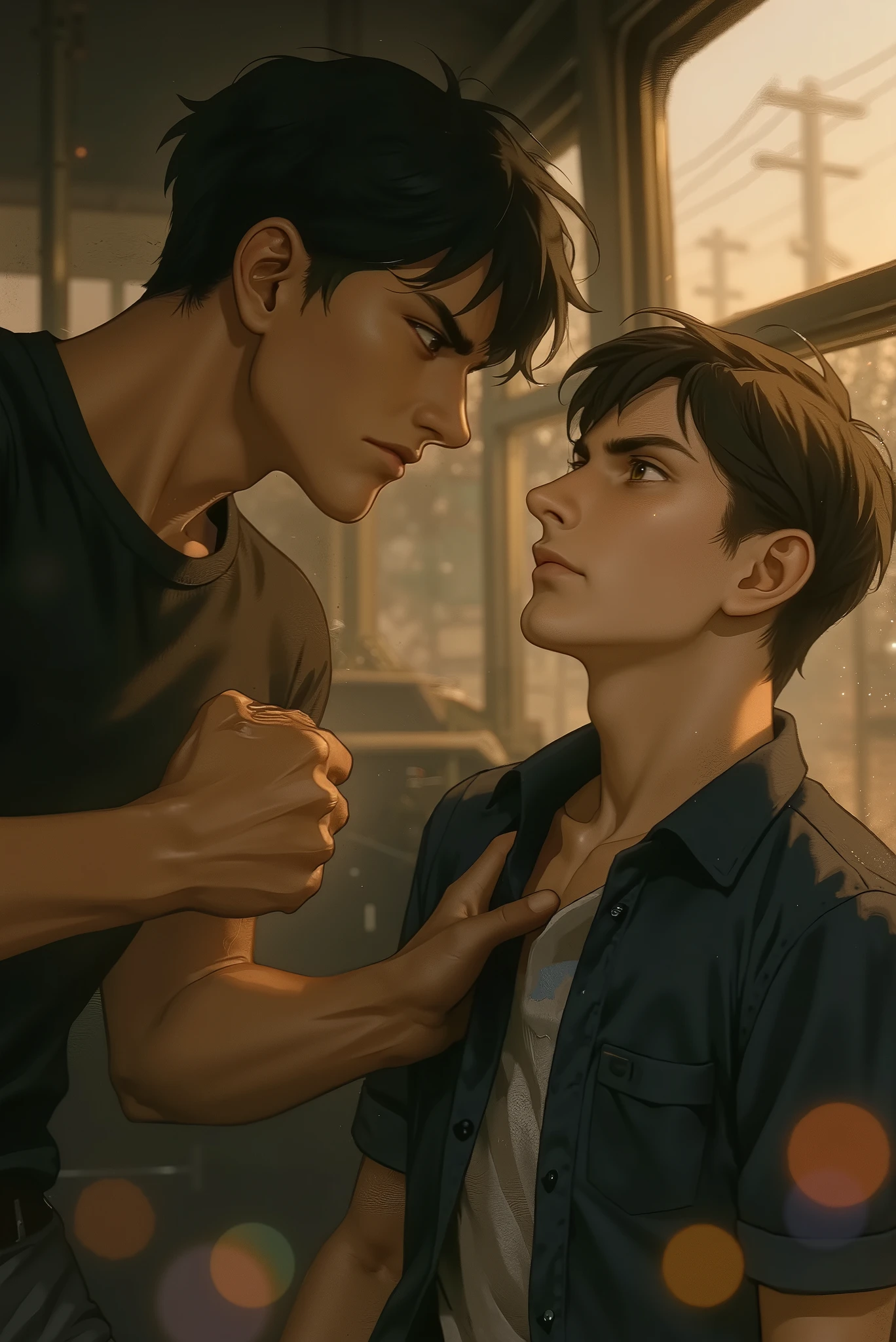 • Character Adjustments:  
  — Ground (Hero):  
    • ลบเคราออกให้ไร้ facial hair, Smooth jaw edges, looks more teenage than before (youthful jawline)  ลบสายข้อมือHeroออก
  – นายเอก (Frenzy):  
    • เสื้อเชิ้ตไม่ติดกระดุมเลย เห็นเสื้อยืดขาวข้างใน  
    • ไม่ใส่แว่นตา  
    • เพิ่ม muscle definition ช่วงบ่า–แขนให้ดูกระชับขึ้น แต่ยังไม่เท่าHero  
    • หน้าเชิด มองตาHeroด้วยสายตาท้าทาย (challenging eye‑contact)  
    • Resolve posture for confidence (shoulders back, chin up)  

• Action:  
  — lateral punch (side punch) ตั้งฉากกับลำตัวHero กำลังจะชกชัดเจน  
  – นายเอกจ้องตาHeroด้วยท่าทางท้าทาย  

• Effects & Lighting:  
  — Added bokeh effect:  
    • Extra large (giant bokeh) as a round spot Faint rainbow (faint rainbow bokeh) Fry only in front of the picture 
• Use cool rim bokeh (purple-light blue) Alternating High Definition High Definition Clear Eyes Digital Drawing Lines Very Fine, Best quality, , smooth skin, max resolution,Best Quality
