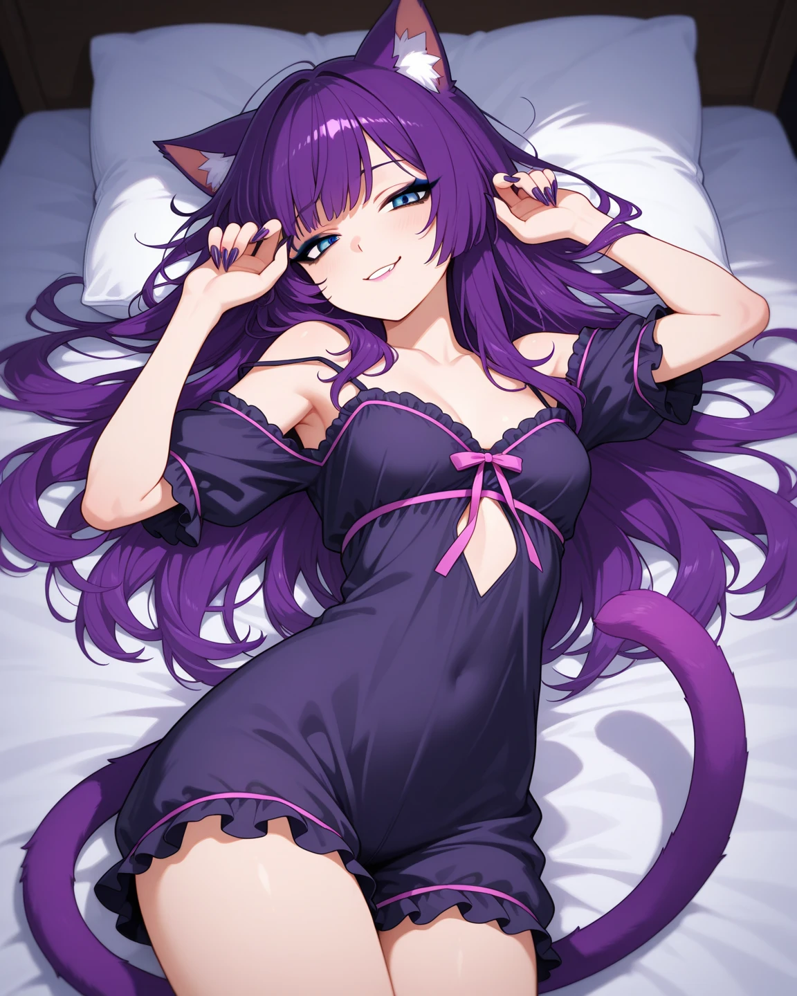 1 girl,purple long wavy hair,purple cat ear,purple cat tail,black string bra,purple jacket,big breast,g string,tight legs,long legs, dynamic pose,face, sweating body, seductif,on the bed