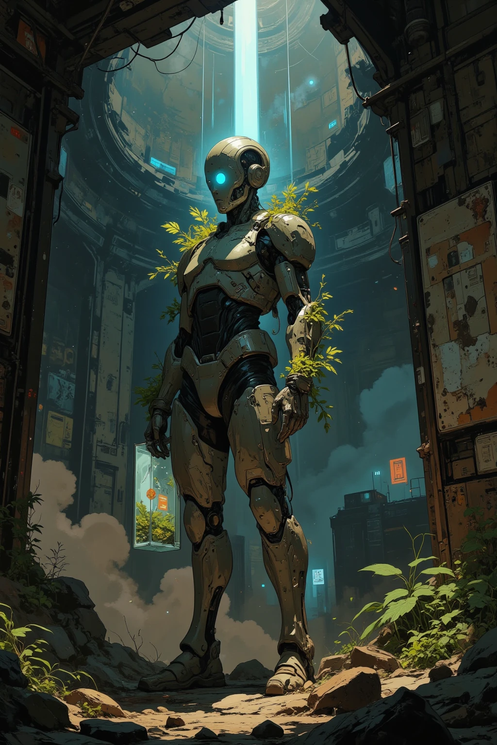 (masterpiece, best quality, ultra-detailed, cinematic lighting, dramatic composition, post-apocalyptic style),
a humanoid android standing in a ruined underground research facility, 
its sleek silver body partially covered in moss and vines, glowing blue eyes, 
holding a transparent crystal case containing plant seeds in one hand, 
an old human data archive drive in the other, 
broken walls with roots and plants growing through the cracks, 
a single ray of sunlight streams in from a collapsed ceiling above, 
dust particles glowing in the beam, 
mood of solemn silence and faded grandeur, 
the android stares forward with calm dignity, as if speaking to the future,
hopeful yet melancholic atmosphere, detailed textures, semi-realistic style, concept art quality
