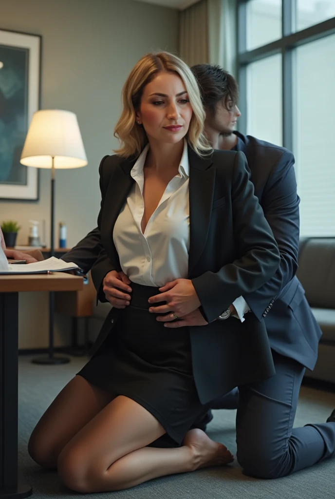 blonde sexy elegant businesswoman walking in metro hallways in Chanel suit, a drop runs down her nylon stockings, many lustful men, (best quality,4k,8k,highres,masterpiece:1.2),ultra-detailed,(realistic,photorealistic,photo-realistic:1.37),1girl,detailed face,beautiful detailed eyes,beautiful detailed lips,extremely detailed eyes and face,long eyelashes,businesswoman suit,Chanel logo,nylon stockings,lustful men,metro hallway,dramatic lighting,cinematic composition,vibrant colors,high fashion,editorial style
