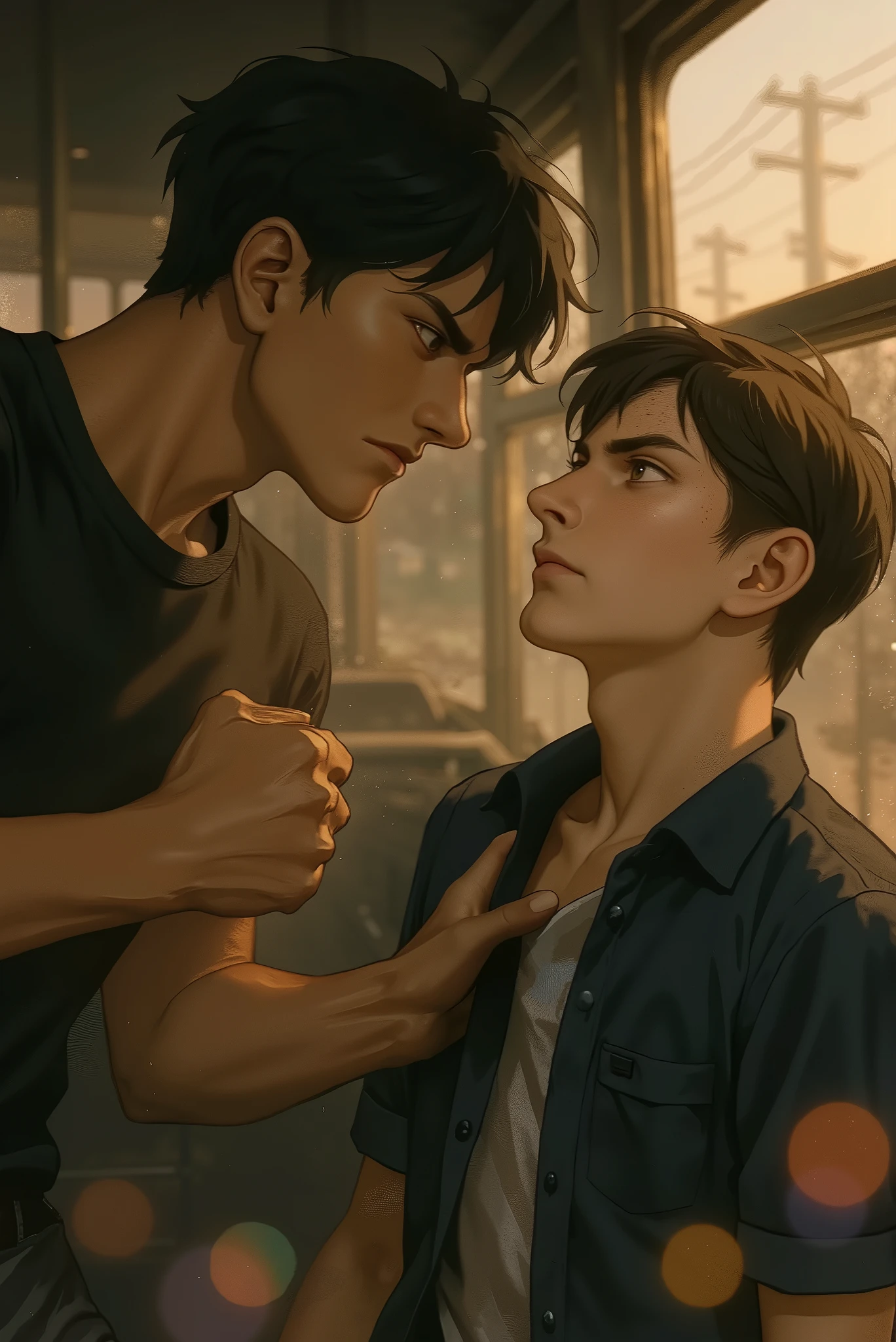 • Character Adjustments:
— Ground (Hero):
• ลบเคราออกให้ไร้ facial hair, Smooth jaw edges, looks more teenage than before (youthful jawline) ลบสายข้อมือHeroออก
– นายเอก (Frenzy):
• เสื้อเชิ้ตไม่ติดกระดุมเลย เห็นเสื้อยืดขาวข้างใน
• ไม่ใส่แว่นตา
• เพิ่ม muscle definition ช่วงบ่า–แขนให้ดูกระชับขึ้น แต่ยังไม่เท่าHero
• หน้าเชิด มองตาHeroด้วยสายตาท้าทาย (challenging eye‑contact)
• Resolve posture for confidence (shoulders back, chin up)
• Action:
— lateral punch (side punch) ตั้งฉากกับลำตัวHero กำลังจะชกชัดเจน
– นายเอกจ้องตาHeroด้วยท่าทางท้าทาย
• Effects & Lighting:
— Added bokeh effect:
• Extra large (giant bokeh) as a round spot Faint rainbow (faint rainbow bokeh) Fry only in front of the picture
• Use cool rim bokeh (purple-light blue) Alternating High Definition High Definition Clear Eyes Digital Drawing Lines Very Fine, Best quality, , smooth skin, max resolution,Best Quality