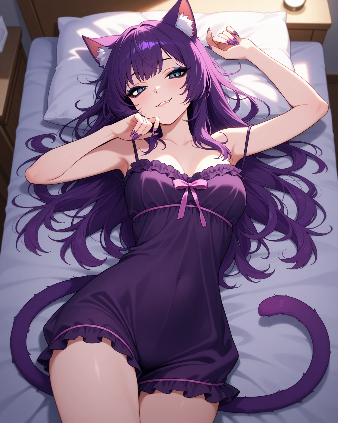 ((Best Quality)), ((Masterpiece)), (detailed), purple hair, blue eyes, hair ornament, ((butterfly wings)), ((tiger pattern bra))), (((tiger pattern underwear))), (((tiger pattern lingerie))), sexy, large breast, bed