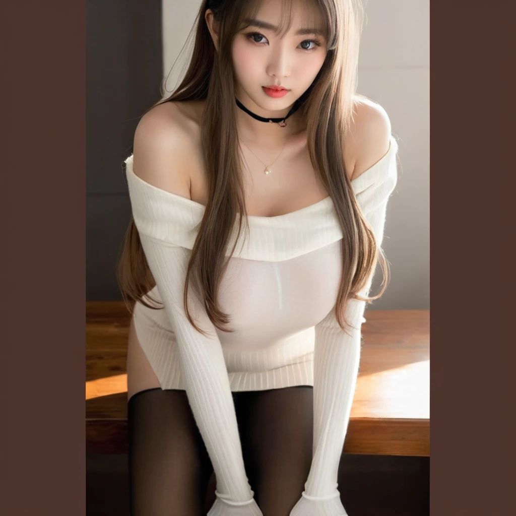 The face is :9,3492120809], The face is :9,4148934626], Bewitching beautiful mature woman、18 years、helm　154cm、well-proportioned figure、The appearance of the hourglass、((Wearing a knitted dress))、(Wearing pantyhose,Realistic pantyhose)、sitting in bed、Japan model, Japan Girl, Neat Japanese woman, Japan goddess, Raw foto, (in 8K、Top  Quality、​masterpiece:1.2)、(delicate detail:1.4)、(Photorealcitic:1.4)、octan render、Complex 3D rendering, Ultra-detail, Studio Soft Light (Studio Soft Light), Rim Light, vibrant details, Super detailing, Realistic Skin Textures, Detail Face, Beautiful detail eyes, Highly detailed CG Unity 16k wallpapers, Makeup-, (detailed background:1.2)、shinny skin、exposed thighs!!!, Spread your legs, White panties