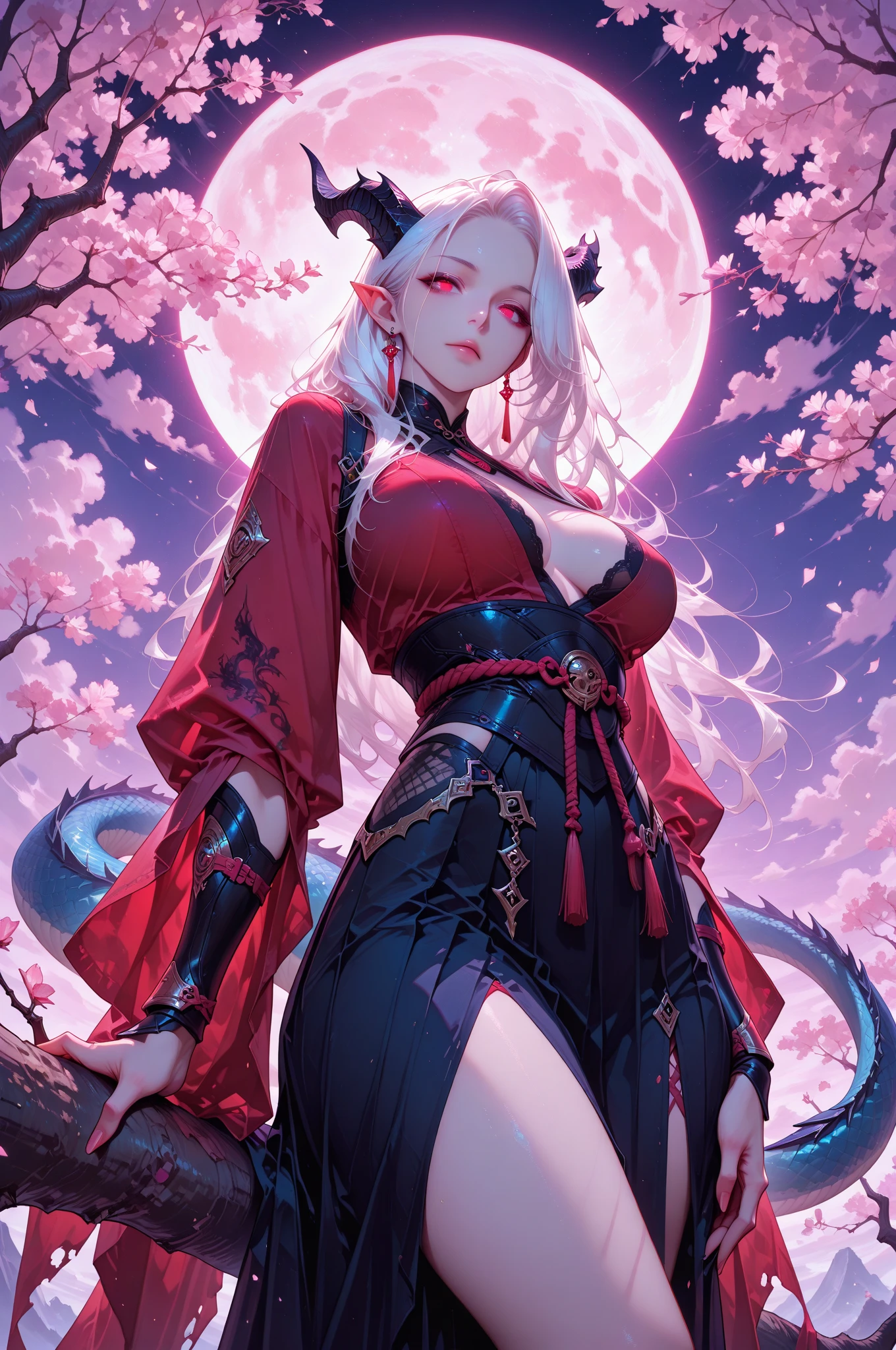 Masterpiece, very detailed, ultra detailed, one, (1 woman), she is in a black detailed dress with a purple flower on the dress and in an elegant position, super mature, tall, milf style, mature mother, super long hair, bright white hair, super white hair and tied hair, white demonic horns, beautiful, charming, bright blood-red eyes of reptile eyes, reptile eyes, super red eyes, bright eyes, elegant, big breasts (huge), neutral face, cold-blooded face, charming, bright background, valiant atmosphere, against the background of flame and fire.