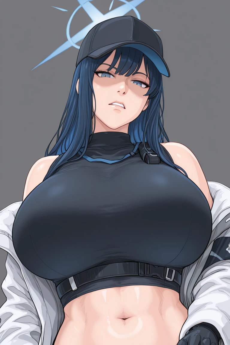 score_9, score_7_up, source_anime, solo,
1girl, wavy mouth, half opened mouth,
BREAK
saori-38, blue eyes, ,
armband,  shoulders, baseball cap, belt, black gloves, black headwear, black pants, black shirt, long coat, crop top, long sleeves, midriff, navel, off shoulder, , sleeveless shirt, white coat,
BREAK
outdoors, Dusk in the Meadow,
<lora:saori38-ponyBase-lora:1>