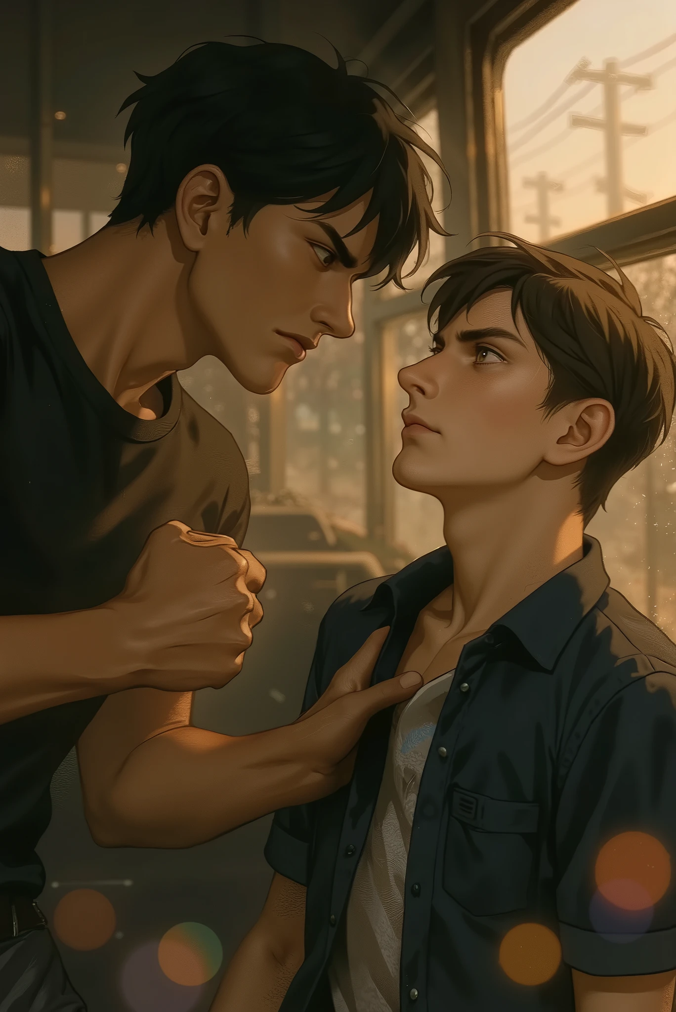 • Character Adjustments:
— Ground (Hero):
• ลบเคราออกให้ไร้ facial hair, Smooth jaw edges, looks more teenage than before (youthful jawline) ลบสายข้อมือHeroออก
– นายเอก (Frenzy):
• เสื้อเชิ้ตไม่ติดกระดุมเลย เห็นเสื้อยืดขาวข้างใน
• ไม่ใส่แว่นตา
• เพิ่ม muscle definition ช่วงบ่า–แขนให้ดูกระชับขึ้น แต่ยังไม่เท่าHero
• หน้าเชิด มองตาHeroด้วยสายตาท้าทาย (challenging eye‑contact)
• Resolve posture for confidence (shoulders back, chin up)
• Action:
— lateral punch (side punch) ตั้งฉากกับลำตัวHero กำลังจะชกชัดเจน
– นายเอกจ้องตาHeroด้วยท่าทางท้าทาย
• Effects & Lighting:
— Added bokeh effect:
• Extra large (giant bokeh) as a round spot Faint rainbow (faint rainbow bokeh) Fry only in front of the picture
• Use cool rim bokeh (purple-light blue) Alternating High Definition High Definition Clear Eyes Digital Drawing Lines Very Fine, Best quality, , smooth skin, max resolution,Best Quality