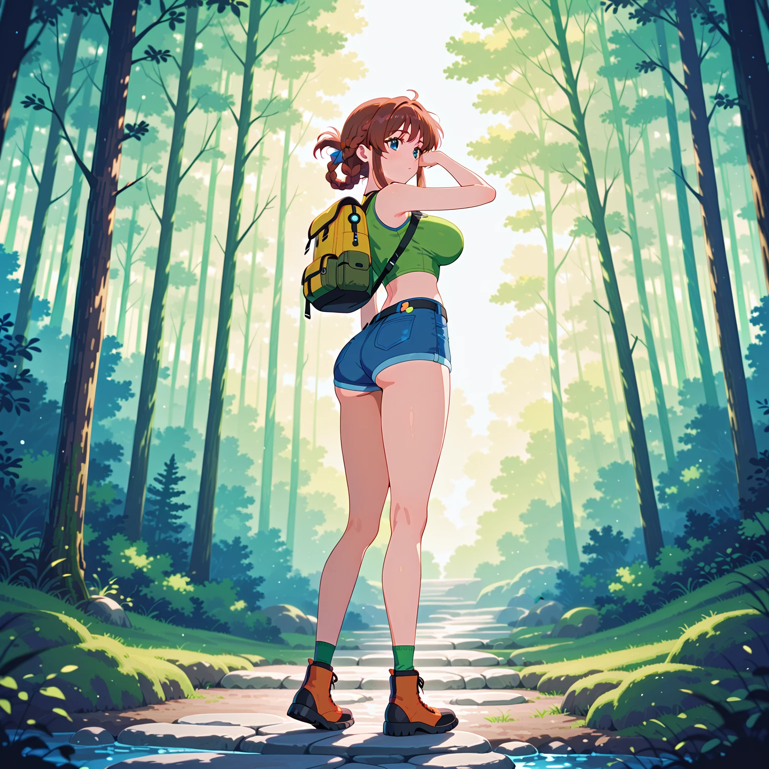 (best quality, masterpiece1.2), (detailed eye:1.2), intricate detail, depth of field, 1girl, jungle, crop top, angry, sweat, red hair, exploration, embarrassed,  backpack,