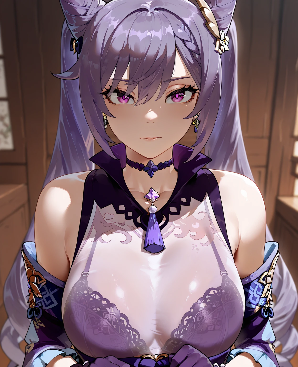 (masterpiece)1 girl, Keqing, Genshin Impact, best quality, expressive eyes, perfect face, Large upper body, Smile, blush, , indoors, Sky, simple background, lie, watch , 明亮的Sky空, watch at viewer, stairs, moody lighting