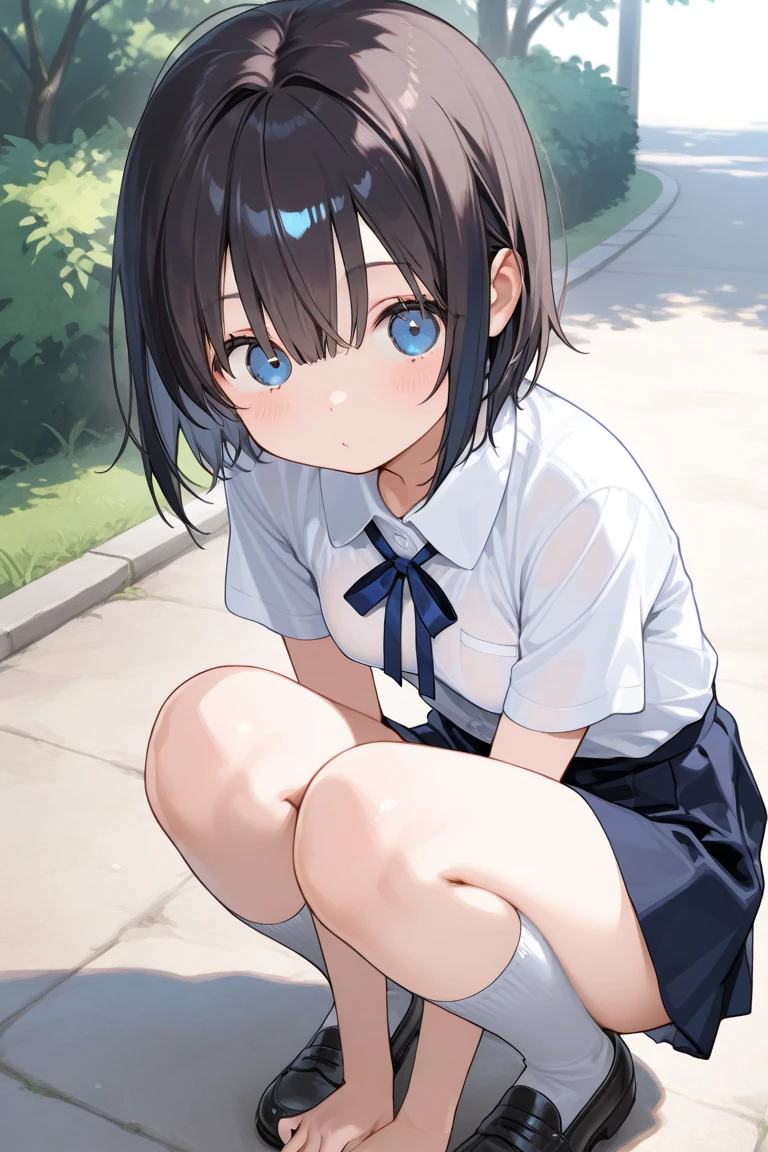 (masterpiece, best quality), 1girl, Slate Short Pixie Cut, Size H breasts, Medium blue Collared button-up blouse with a tied bow detail. and Pleated culottes, kneehighs, Crouching on the ground