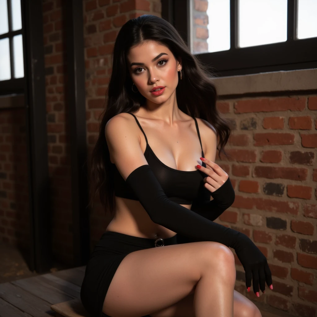 a 20 yo, long hair, wearing black strapless tanktop, show cleavage, dark theme, soothing tones, muted colors, high contrast, natural skin texture, hyperrealism, soft light, sharp, retro poster as background, Dark Blue. Show big thigh, plump body. Sitting on the bed. Closing mouth. Wearing black stocking, garter, Black choker. (Gray background). Polaroid
