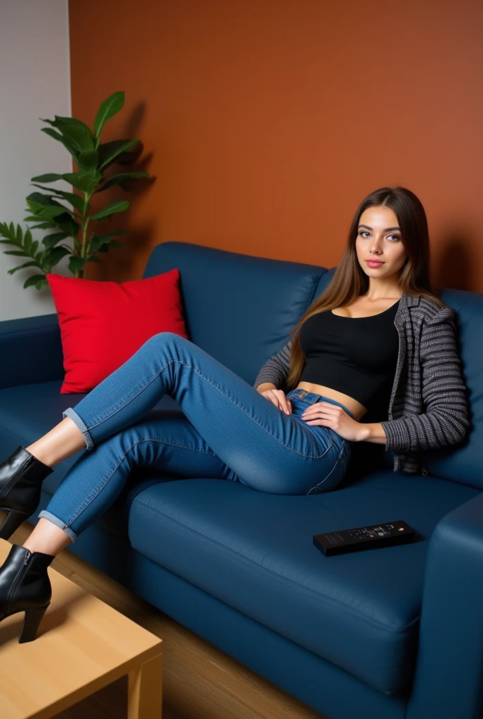 Make a woman, wearing a orange sexy tank top with black jeans, using a laptop , relaxing on a sofa.