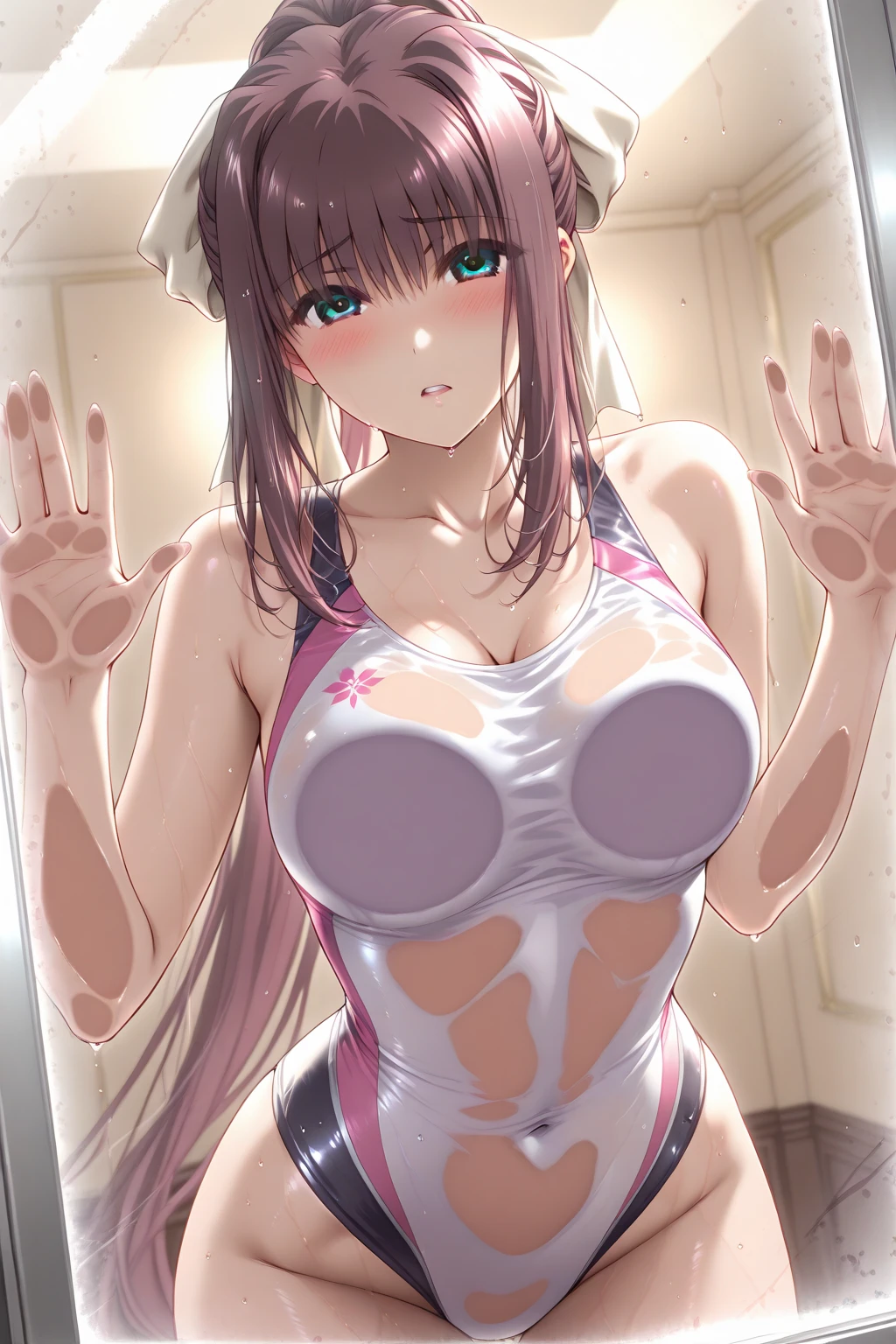 masterpiece, best quality, 1girl, kafka, purple hair, long hair, bangs, purple eyes, veil on head, white wedding dress, white stockings, slight cleavage sketch, psychotic smile, sweaty