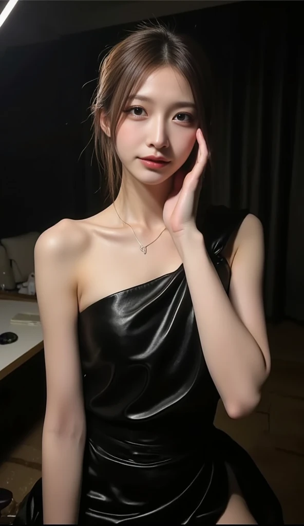 Best Quality, Masterpiece, Ultra High Resolution, (Photorealistic:1.4), Original Photo, 1girl, ((Black Lace Dressing Gown)), ((Big Breasted)), Cool Light