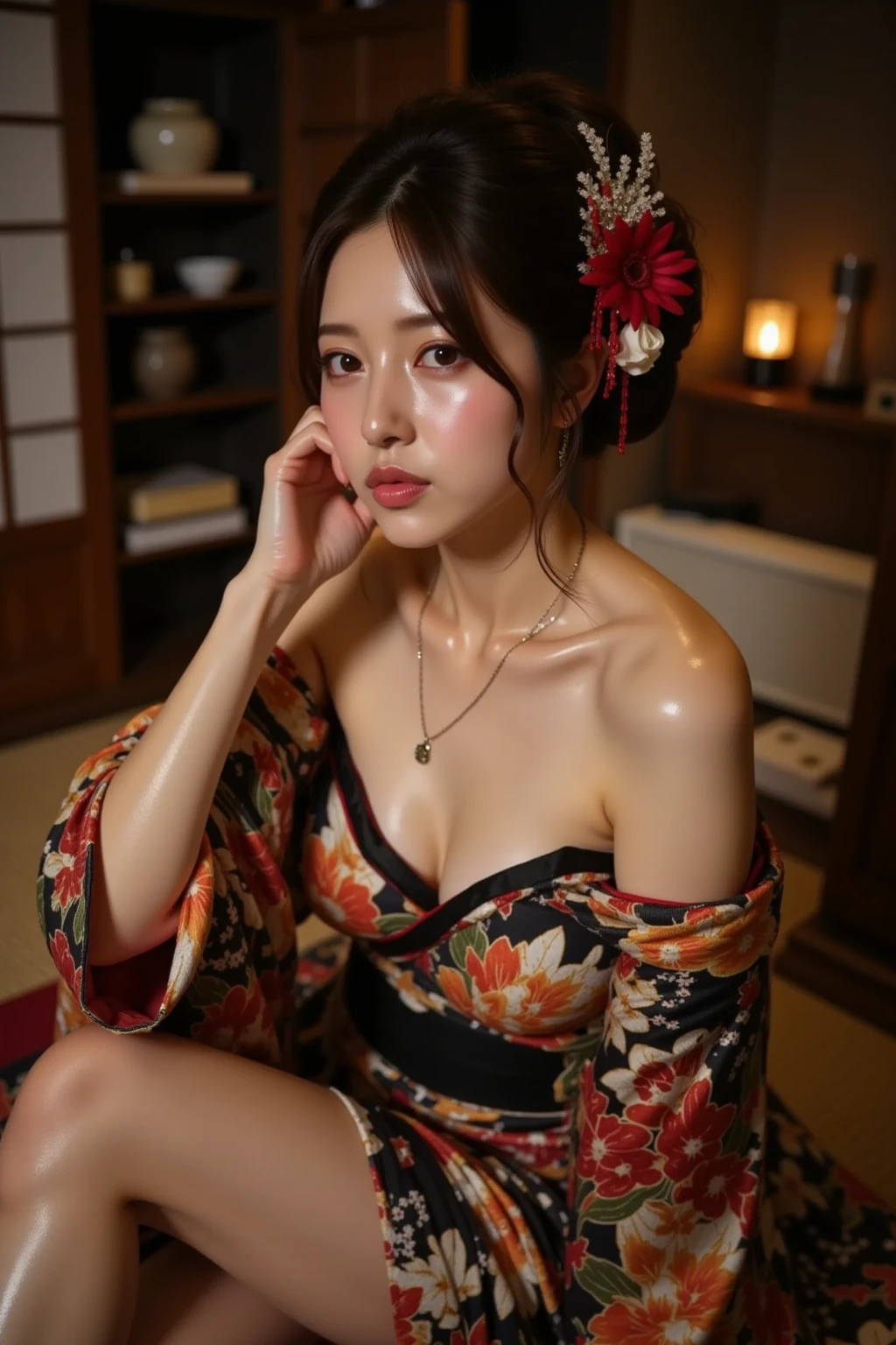 (Kimono with tortoise shell pattern, Complex red, Webbing:1.4),
((highest quality, 8k, masterpiece: 1.3)), Perfect body beauty: 1.4, (Breast A cup:1.2), Small breasts, Round shaped breasts, Perfectly shaped breasts, Highly detailed face, Beautiful woman, (Dark brown shortcuts), Slim face, Highly detailed face and skin texture, Highly detailed lips, (Realistic:1.4),
((30th Generation, Sexy young wife:1.2)),
((Lay a red futon in a Japanese-style room, Sit on the futon with your legs stretched out, Start taking off clothes, No bra, Beautiful thighs:1.2)),
((Sexy atmosphere, hold out your lips, Feeling it when it is inserted into the female genitals, A sigh escapes, Hair is messed up, Hold your chest with your hands)),
((Dark room, Lantern:1.2)),
((Squint your eyes)),
((purse your lips:1.2)),
((Blushing:1.2)),
((Open your mouth a little to show your white teeth)),
((Fluffy cleavage,Flat Chest:1.2)),
Narrow shoulders, Long, slender legs, Thin waist,
Ultra-detailed skin, Glossy Skin, Ultra detailed face, Ultra detailed breasts,
Ultra-detailed eyes, Slit eyes, Brown eyes, double eyelid, Beautiful thin eyebrows, Thin, long eyelashes,
Ultra-detailed lips, Fuller lips, Glossy pink lips, Flushed Cheeks, White teeth,
Beautiful actress's languid make-up, Pink lipstick, Smoky eyeshadow, Eye foundation,
Dark brown hair, Delicate and soft hair, Hair blowing in the wind,
(Elegantly putting your hair up, short hair, ponytail:1.5), Layered Cut, (Blunt bangs:1.2),