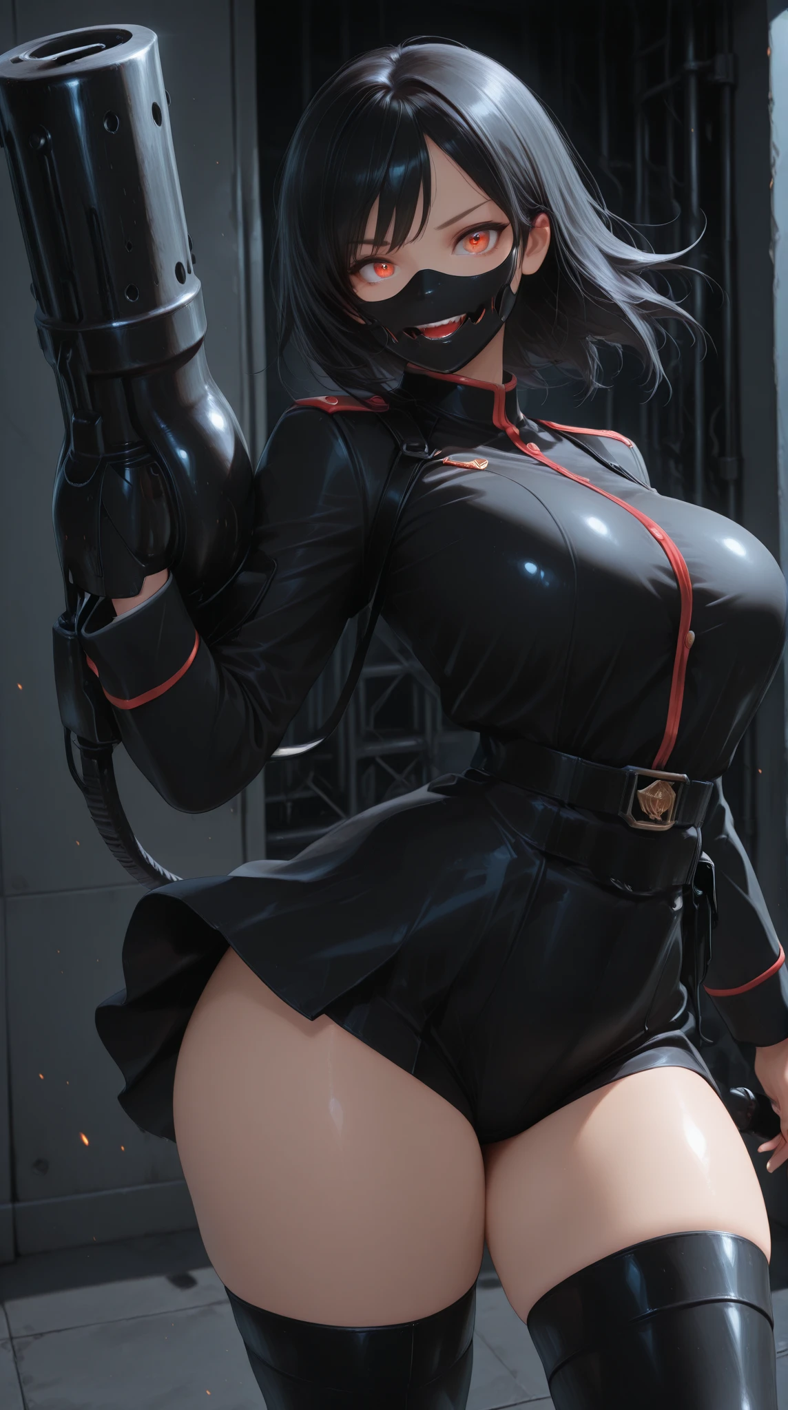 1girll,Black color hair,Twist braids,Qi bangs,red pupils,Round glasses,beauitful face,crisp breasts,Convex buttocks,in a white shirt,red necktie,Black suit,White heels,There are floating missile-launching weapons on the sides of the body,sci-fy,cyber punk perssonage,perfectly proportioned, Cinematic lighting, filmgrain, Fuji colors, lightand shade contrast, 8K, 巨作, Textured skin, Super detail, high detal, High quality, A high resolution,