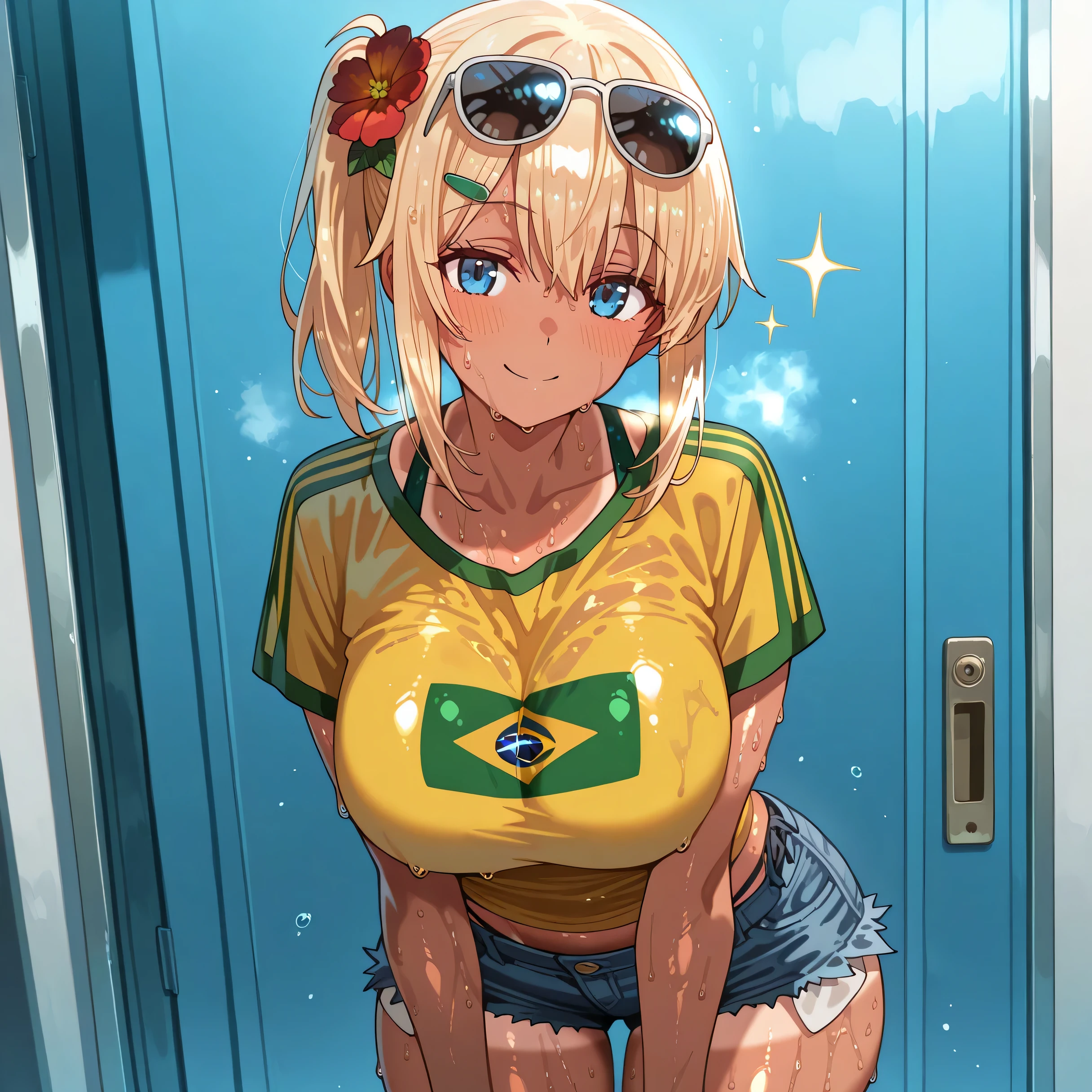 4k masterpiece, best quality, girl, beautiful face, clean skin, shiny hair, shiny skin, beautiful face, perfect eyes high quality 4k eye sparkle, high quality sparkle, best quality, 4k very aesthetic, absurd, perfect body quality, beautiful curves, perfect, perfect genitals, beautiful ambient light, beautiful aesthetics, very realistic scenery, high quality 4k, masterpiece, best quality, absurdities, latest, high resolution, official art, 1girl,  emma brightness, short hair, blue eyes, blonde hair, hair ornament, hairclip, large breasts, sunglasses on head, flower in hair, yellow shirt, brazil flag on shirt, denim shorts, booty shorts, tanned, body sweating, too much sweat on the body, excessive sweat on the body, ultra sweat 4k,  posing to take a photo, sexy pose with naughty look at the viewer