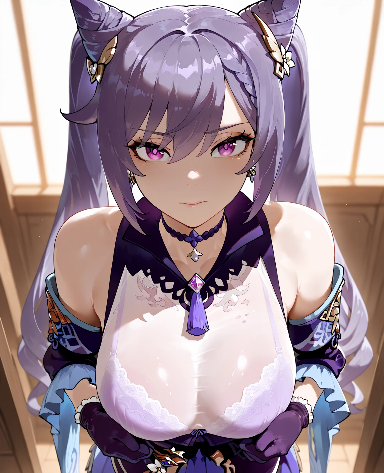 keqing_genshin, 1girl, double bun, long purple hair, purple eyes, strapless dress, bare shoulders, bare arms, black pantyhose, standing, upper body, outdoors, big breast, cleavage, nervous, blush, hands on crotch, wet body