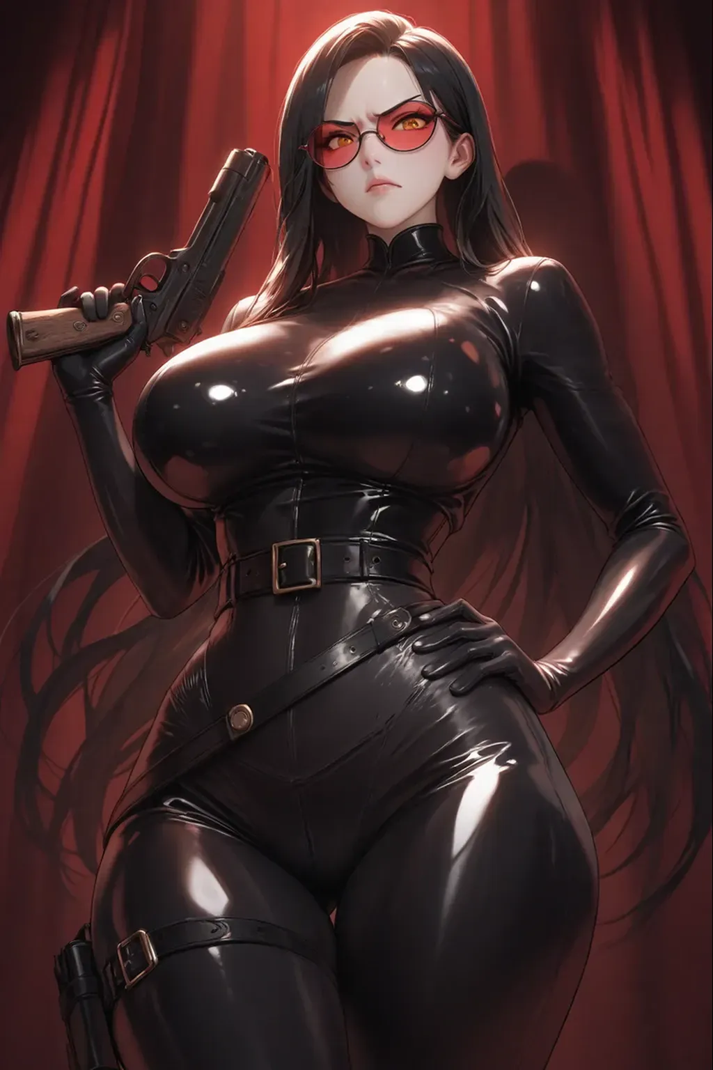 (best quality,ultra detailed,realistic:1.37)sexy girl,portraits,oil painting,dark background,high contrast,piercing gaze,dangerous,confident,strong and sexy legs,sultry expression,detailed face features,dark red lipstick,smoky eye makeup,long flowing hair,wearing a revealing black leather outfit,holding a sleek and shiny gun in her hand,sleek and modern firearm design,sharp focus,mysterious atmosphere,vivid colors,studio lighting