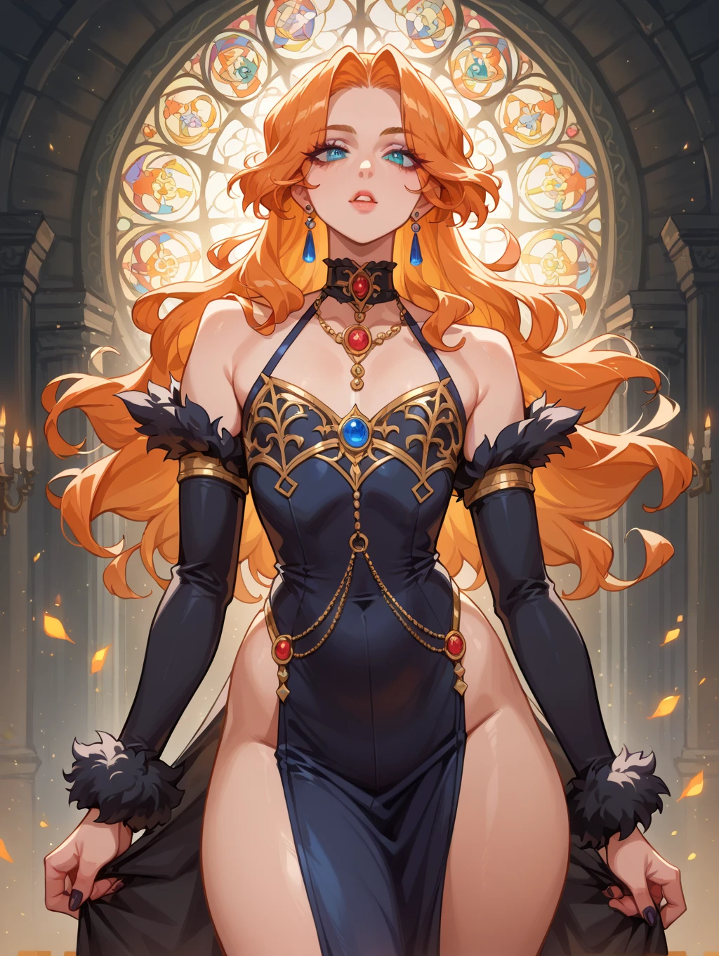 ((sexy tall german queen)) ((beautiful face)) ((wide happy smile)) (freckles) ((red gloss lipstick)) ((very dark eyeshadows make up)) ((detailed eyes))((big bright green eyes)) ((very long messy light redhead hair)) ((sensual lips)) ((very huge breast:1.5)) ((perfect slender body torso1.3)) ((wears sexy royalty black victorian dress with gold ornament)) ((crown, jewelry)) ((choker, earrings, stocking)) ((queen posing sexy inside studio with lights reflectors on her, royalty throne room decoration))(high resolution, dynamic shadows)((photorealistic:1.5)) ((masterpiece:1.3)) (8k) (perfect face) ((best quality:1.4)) (perfect hands and eyes)