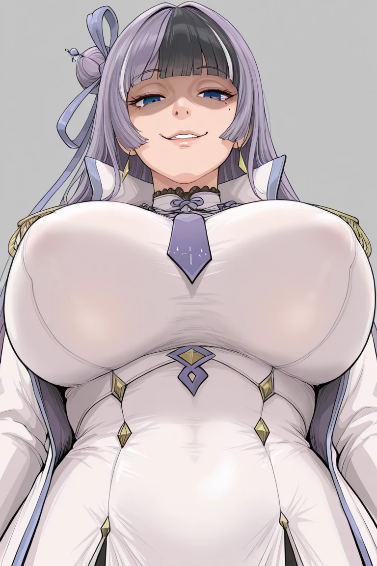 Best Quality, detailed paintings, (ultra-detailliert), (Best Quality), ((1girl in)), oppai proportions, [ 4 k digital art ], SFW, Anime Girl, blush, up looking_で_viewer, Parted lips, makeup, (Smile), Glow, thighs thighs thighs thighs, White hair, (masutepiece), (cowboys_shot), plein air, ((School uniform)), (Detailed eyes), ((Pregnant)), (perfect hand)