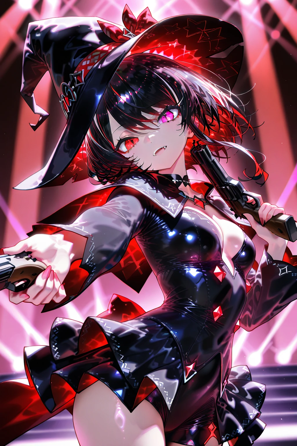 (masterpiece, Best quality, ultra detailed, best shadow), (detailed background,dark fantasy), (beautiful detailed face), high contrast, (Better lighting, very gentle and beautiful), ((cinematic light)), colorful, hyperdetailing, (1 girl, black hair, Sharp face, Red eyes, hair between eyes, Dynamic angle), (swirling black light around the character:1.5), depth of field, Black light particles, vampire, character stands on the water, without tights, black dress, bare shoulders, black gloves, black panties, hands on the back of the head, armpits