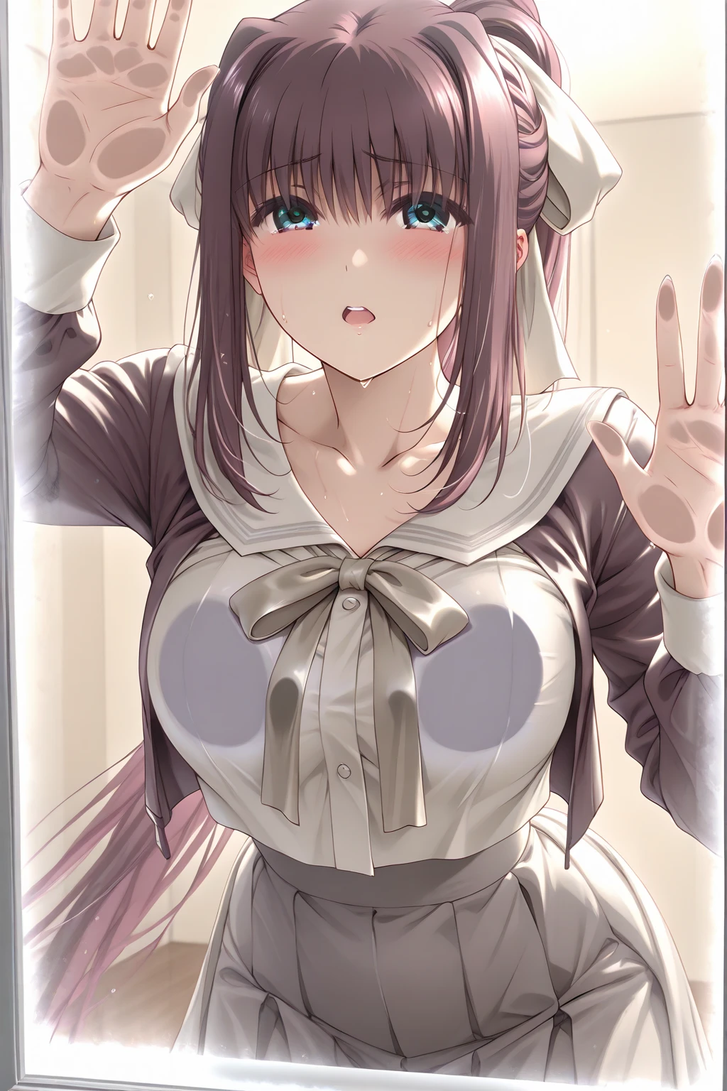 (dynamic angle),pale Light orange Hair, long hair, twintails, hair ribbon, girl1, in the Living room, sofa, upper body, completely nude, (small nipples:1.2), (small areolas:1.2), kawaii, cute, pale purple eyes,(shy), (blush),light smile, (White nude apron:1.2),