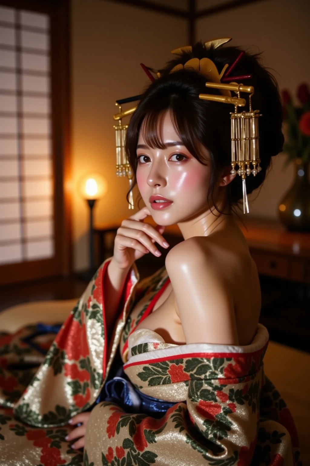 ((masterpiece(:1.4)，Highest quality，Ultra-high resolution，Highest quality，8k，Extremely detailed，In detail))。night，Fireworks display，Japanese，A beautiful woman，Golden Ratio Style，Gal Makeup，Oiran，Long-sleeved kimono，Hair tying，hair ornaments，smoke tube，geta，Gorgeous and luxurious，(Fireworks displayのnightに河川敷で花火を背景にしたスナップ写真)，Hyper Quality