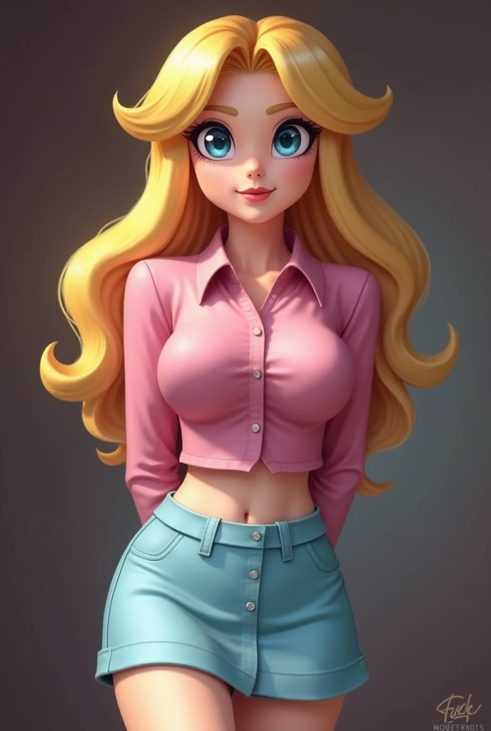A stunning, intricate full-color portrait in Ultra-HD, detailed face, long blonde hair, blue eyes, Wearing pink t-shirt, sharp focus, natural lighting, Subsoil Dispersion, F2, 35mm, will be standing, posing sensually, very sexy, with chubby legs and wide hips, small waist, In the woods, smiling, medium breasts, She will be wearing a very small wide skirt that her underwear will be visible..