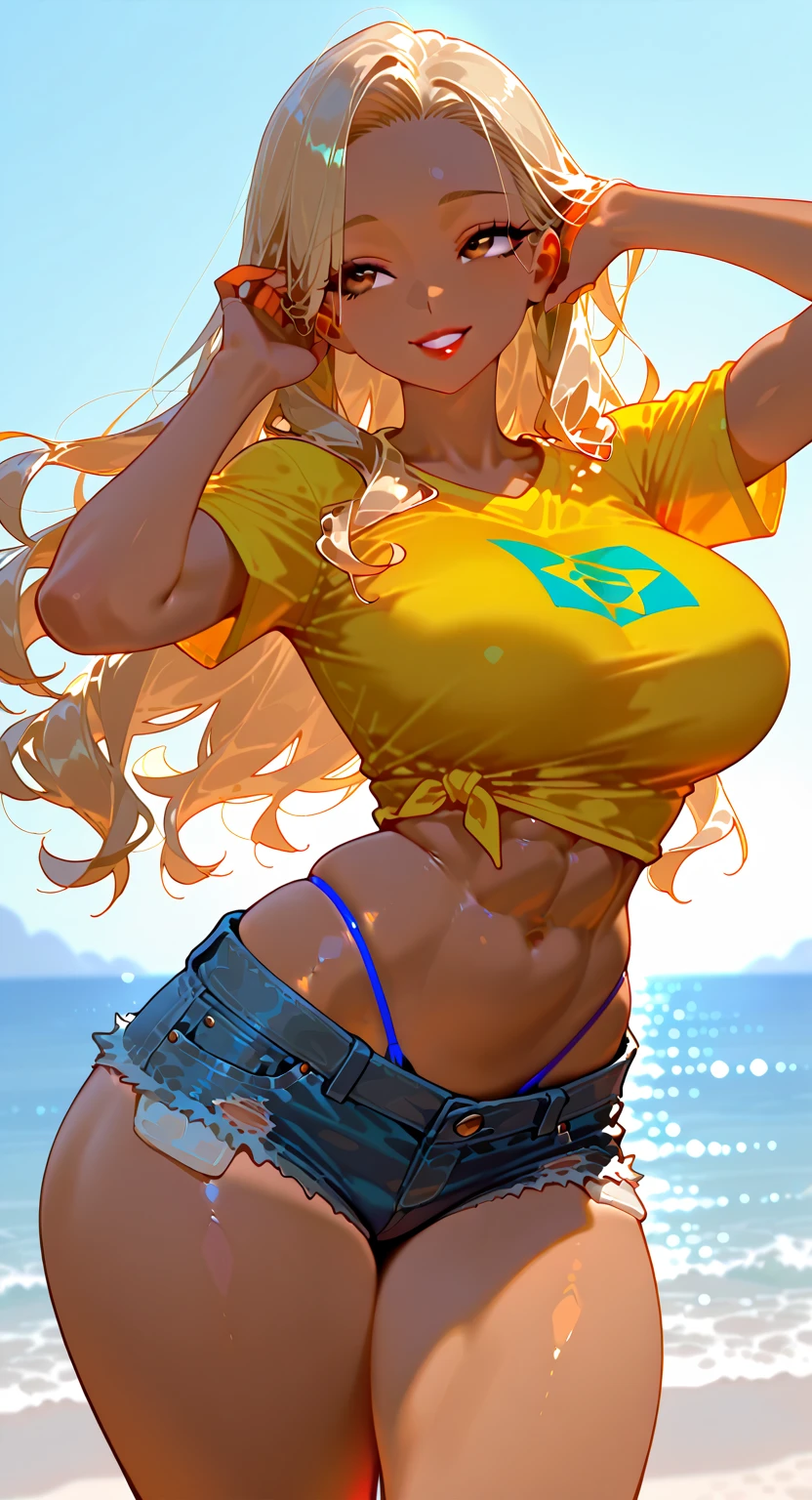 (highest quality, High resolution, perfect pixel, Depth of bounds written, 4K), (from front), beach, detailed eyes, (1 lady), tall, (skinny body:1.2) , (thin thighs:1.2), (Narrow hips), large breasts, blond hair, (ponytail:1.2), (denim short pants yellow bikini:1.2), (unbutton:1.3), (cross halter bikini), (rio cut pants), (panty strap:1.3), (sexy pose to emphasize breasts), (standing), (leaning forward), (put index finger on mouth:1.2), (seductive smile), blush, sweat,