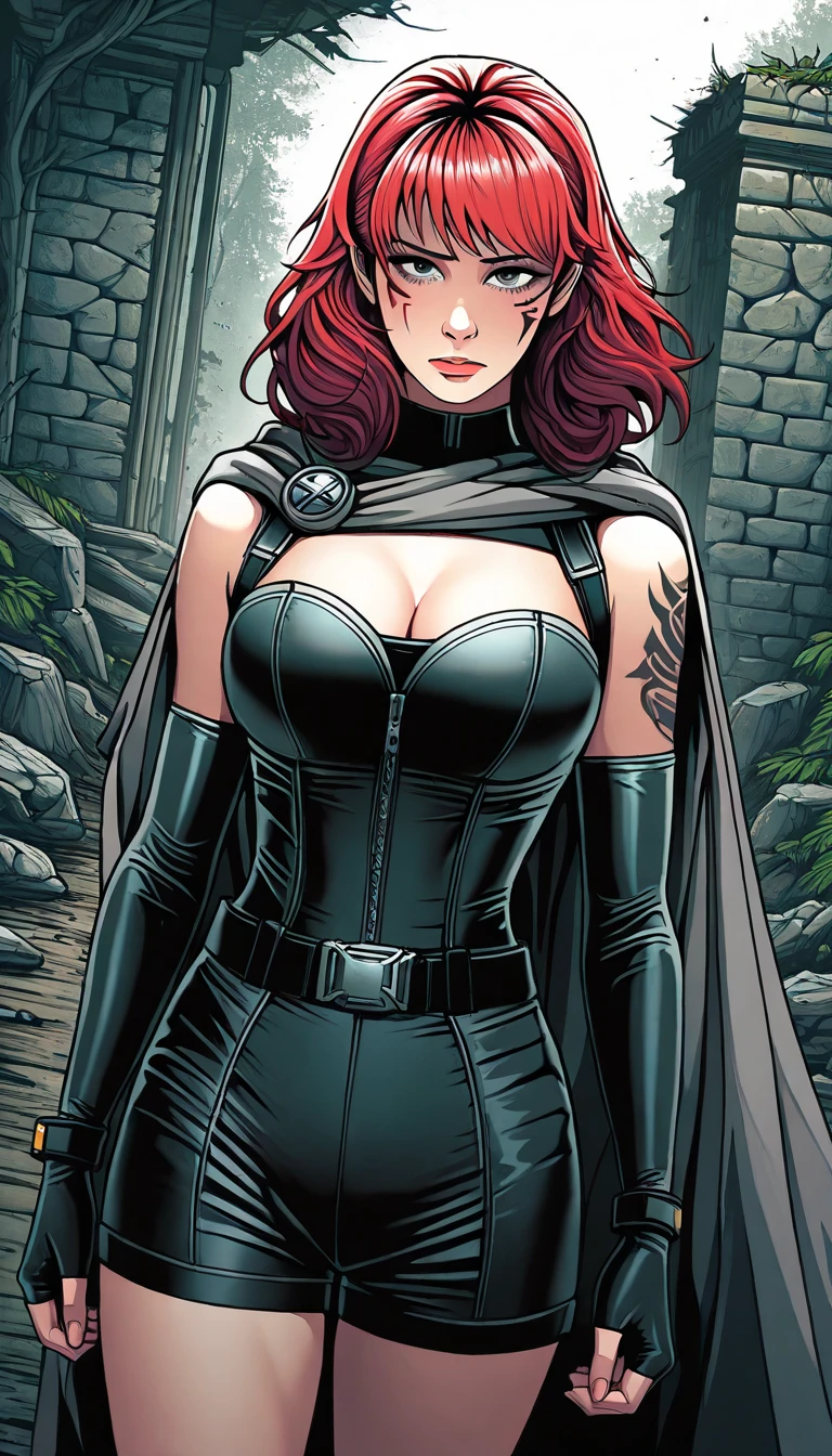 The image features a girl with long, bright red hair, dressed in a sleek skin-tight shiny black latex bodysuit with a deep-cut zipper neckline revealing a large chest, the silver zipper running down the front. The suit is complemented by a belt of shiny golden circles around her waist. She holds a gun in each hand in a ready position, while her other hand is touching her hair. Placed against a dark city backdrop, the scene includes buildings and might contain elements resembling a clock tower, suggesting an urban setting. This composition is emblematic of a superhero genre, highlighting central and ancillary characters, with an overtone of action and vigilance.