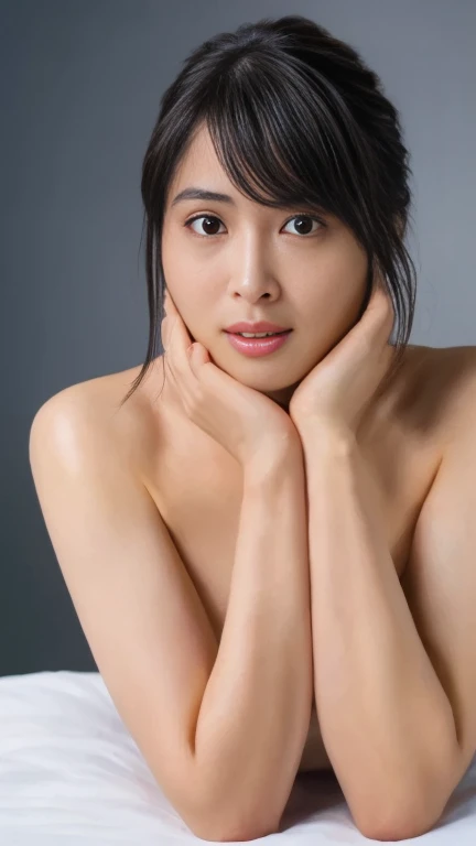 (8K, Best Quality, Masterpiece: 1.2), (Realistic, Photorealistic: 1.37), (((Nude MILF)))), ((She has a lot of beautiful hairy black pubic hair and hairy dark armpit hair in her armpits )), Bust size is 70cm flat chest, the shooting location is a gray space. 1 person,70 years old, Japanese mature woman, well-trained muscular body, very beautiful black hair, (hairstyle: super short pixie cut) glaring down from below with an angry expression), beautiful figure, toned muscles, great abs A woman with!, with her naked body facing straight ahead (provocative pose, squatting down, legs spread), a woman squats down with her legs spread and places her hands behind her head.