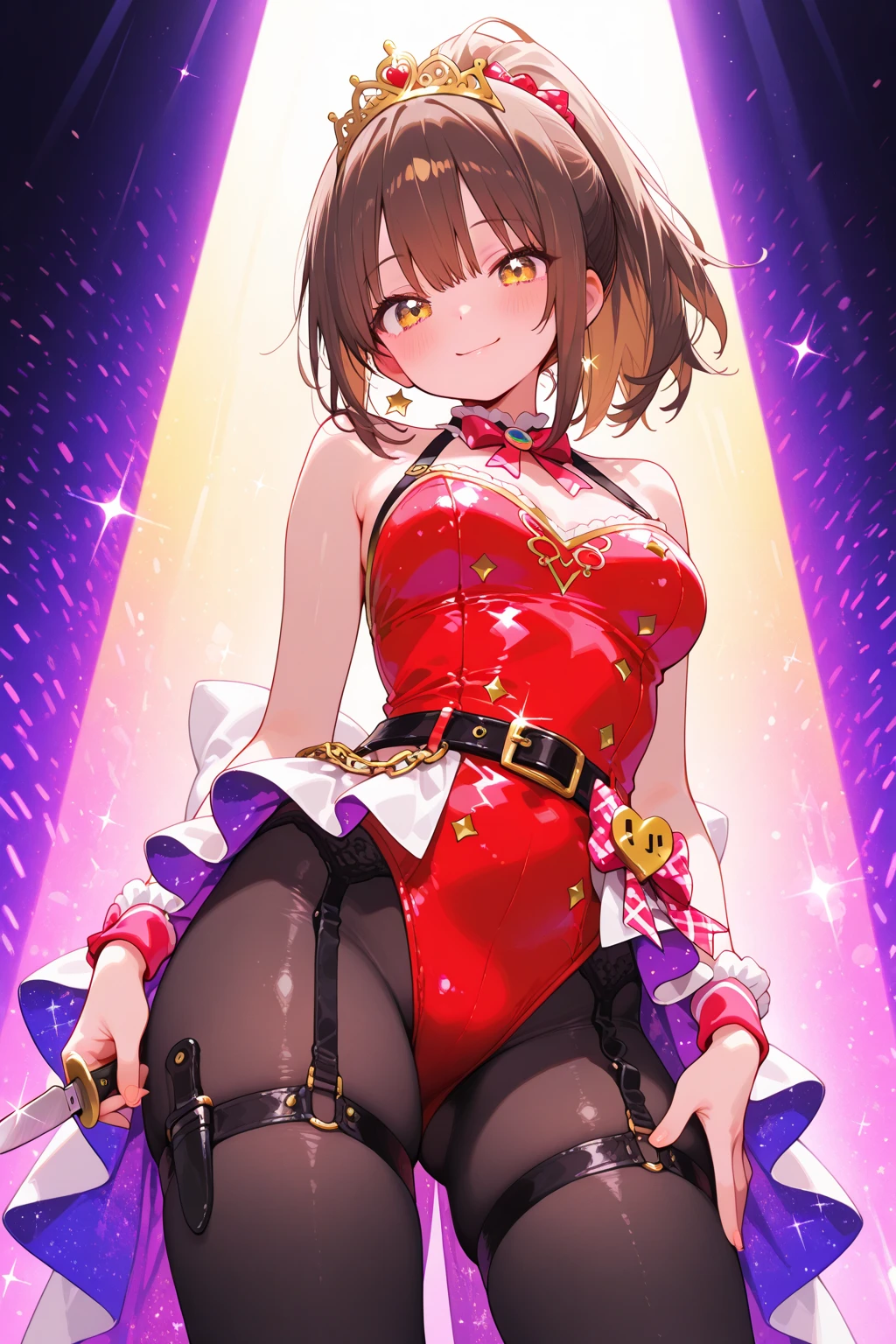 ,12yo,(petite), 1girl, looking at viewer, , hazuki katou,,,, ,,,blush,(spoken heart),,flat chest,(evil smile,grin),(((magical girl costume))),miniskirt,,,long sleeves,brooch,(,panties),see through