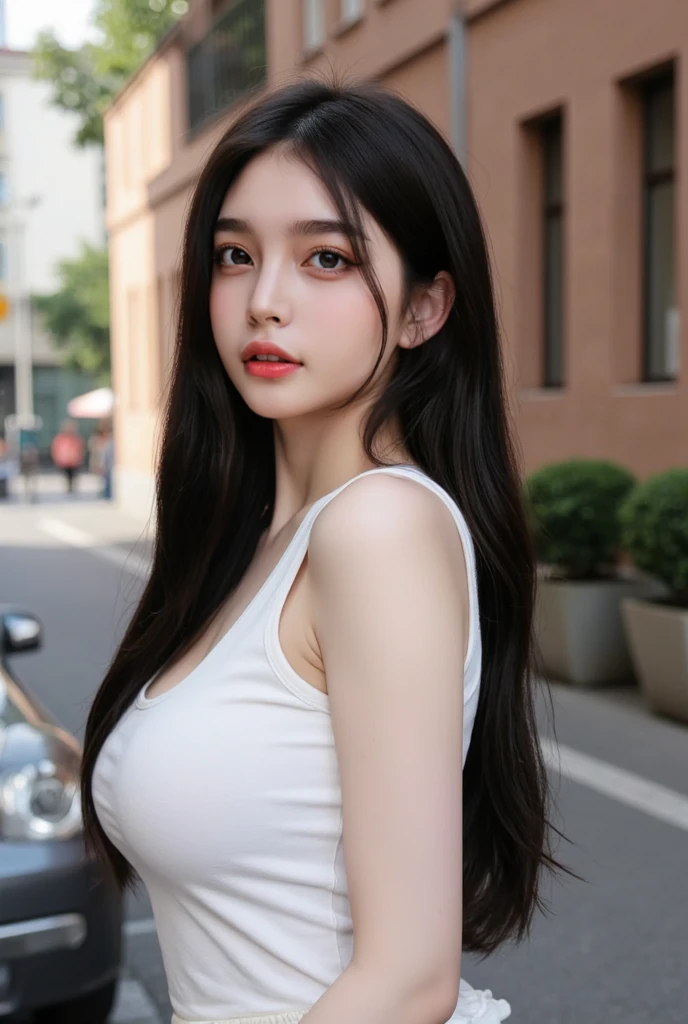 In the bustling streets of Seoul, amidst the vibrant culture and modernity, stands a figure of unparalleled beauty. She's an idol, a harmonious blend of Asian and European heritage, captivating every glance with her stunning features. Her long, silky hair cascades like a waterfall, framing a face that boasts the perfect mix of delicate Asian elegance and striking European allure. With every photoshoot for top Korean magazines, she radiates an irresistible charm, her piercing eyes and flawless smile capturing the hearts of fans worldwide. She is the epitome of grace and allure, a true testament to the beauty of cultural fusion. super fine body, super fine face, super fine eyes, super fine nose, superfine mouth, super fine hands, super fine fingers, good shape, very perfect body, very perfect face, very perfect eyes, very perfect nose, very perfect mouth, very perfect hands, very perfect fingers, super detailed body, super detailed face, super detailed eyes, super detailed nose, super detailed mouth, super detailed hands, super detailed fingers, super high quality, very beautiful girl, super realistic, raw photo, natural eyelash, muscular, perfect shape, wear cute crop top, wear cap, medium breast, use kodak filter, kodak camera, 90s filter, straight hair.