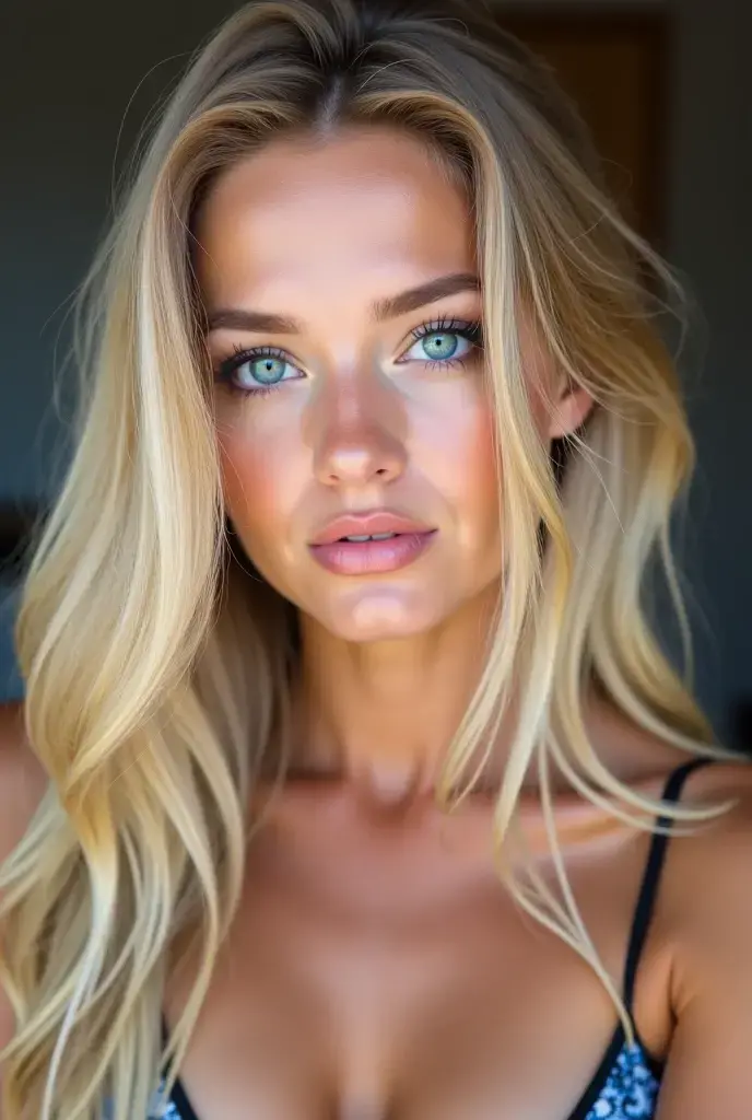 [Photorealistic, Selfie-style portrait] A beautiful young woman in her 20s with Pamela Anderson’s signature blonde hair, styled in soft waves with straight bangs. She has a captivating look with smoky eye makeup, thick lashes, and glossy lips. Her body is curvy with a Kardashian-like hourglass figure, highlighting her large chest, narrow waist, and full hips. She is dressed in a trendy, form-fitting outfit that emphasizes her youthful vibe, with modern accessories. The setting is a bright living room with sunlight filtering through large windows, creating a warm and inviting atmosphere. The selfie is taken from a slightly tilted angle, capturing her face and upper body in a playful and confident pose. [Photorealistic detail, iPhone 13, 4k resolution, natural light, vibrant colors, depth of field effect]
