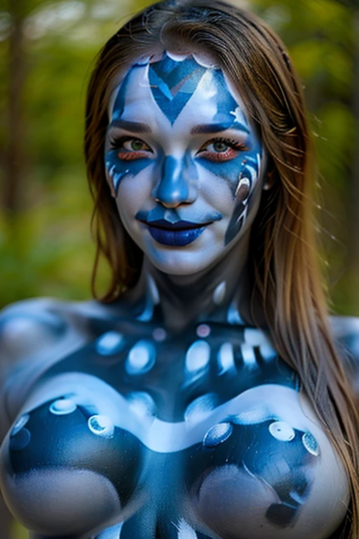 naked realistic photo of Mystique, bodypaint by Elizabeth Gadd, vintage LUT
